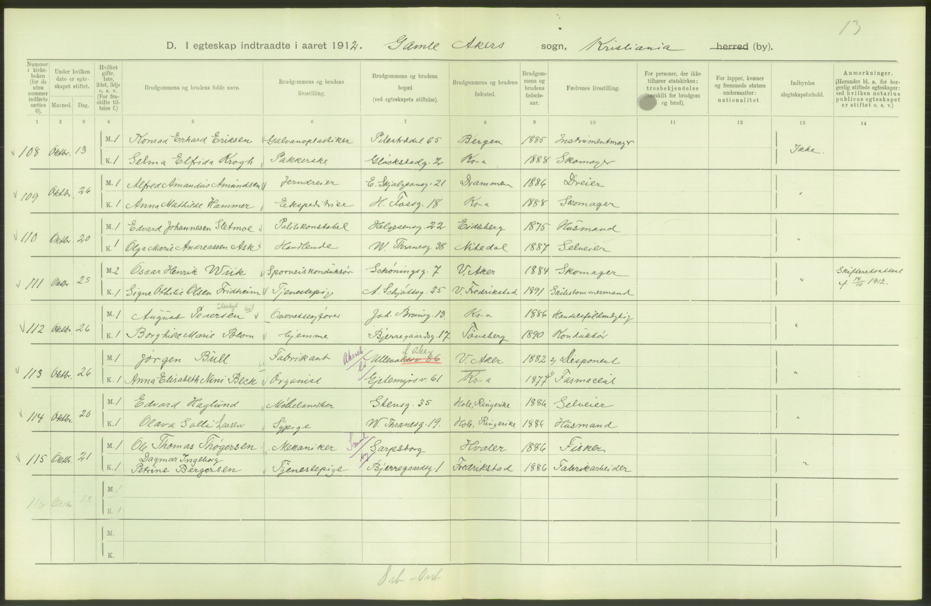 Statistisk sentralbyrå, Sosiodemografiske emner, Befolkning, AV/RA-S-2228/D/Df/Dfb/Dfbb/L0008: Kristiania: Gifte, 1912, p. 478