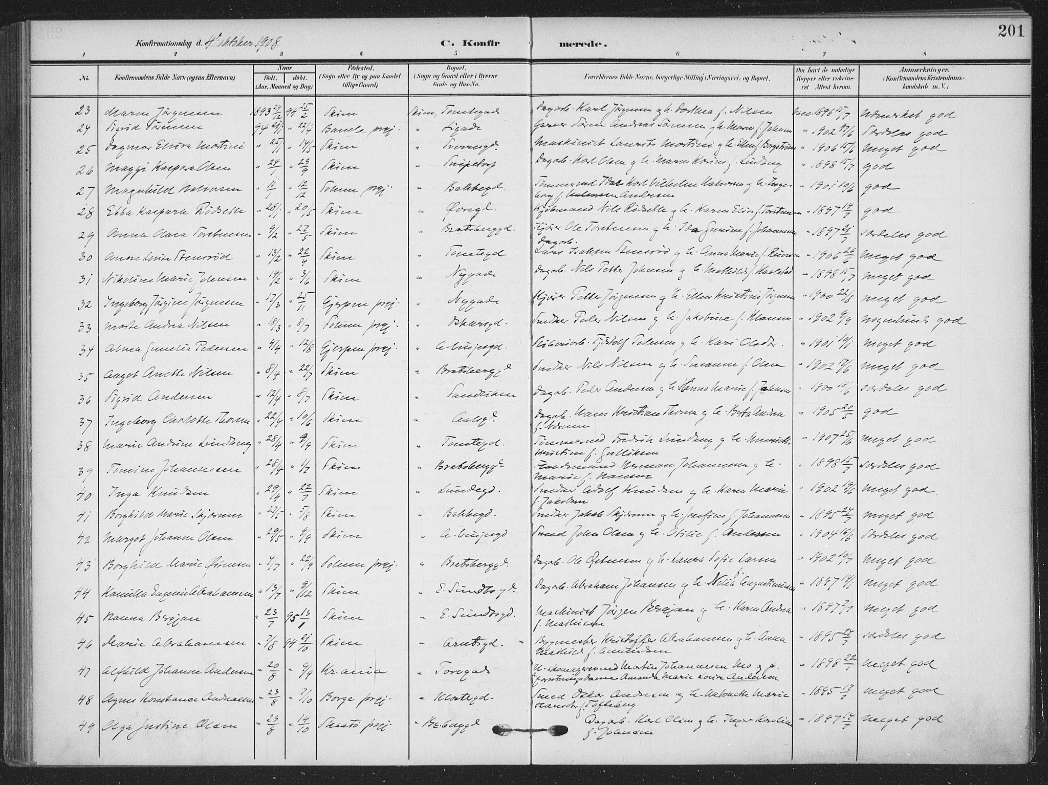 Skien kirkebøker, SAKO/A-302/F/Fa/L0012: Parish register (official) no. 12, 1908-1914, p. 201