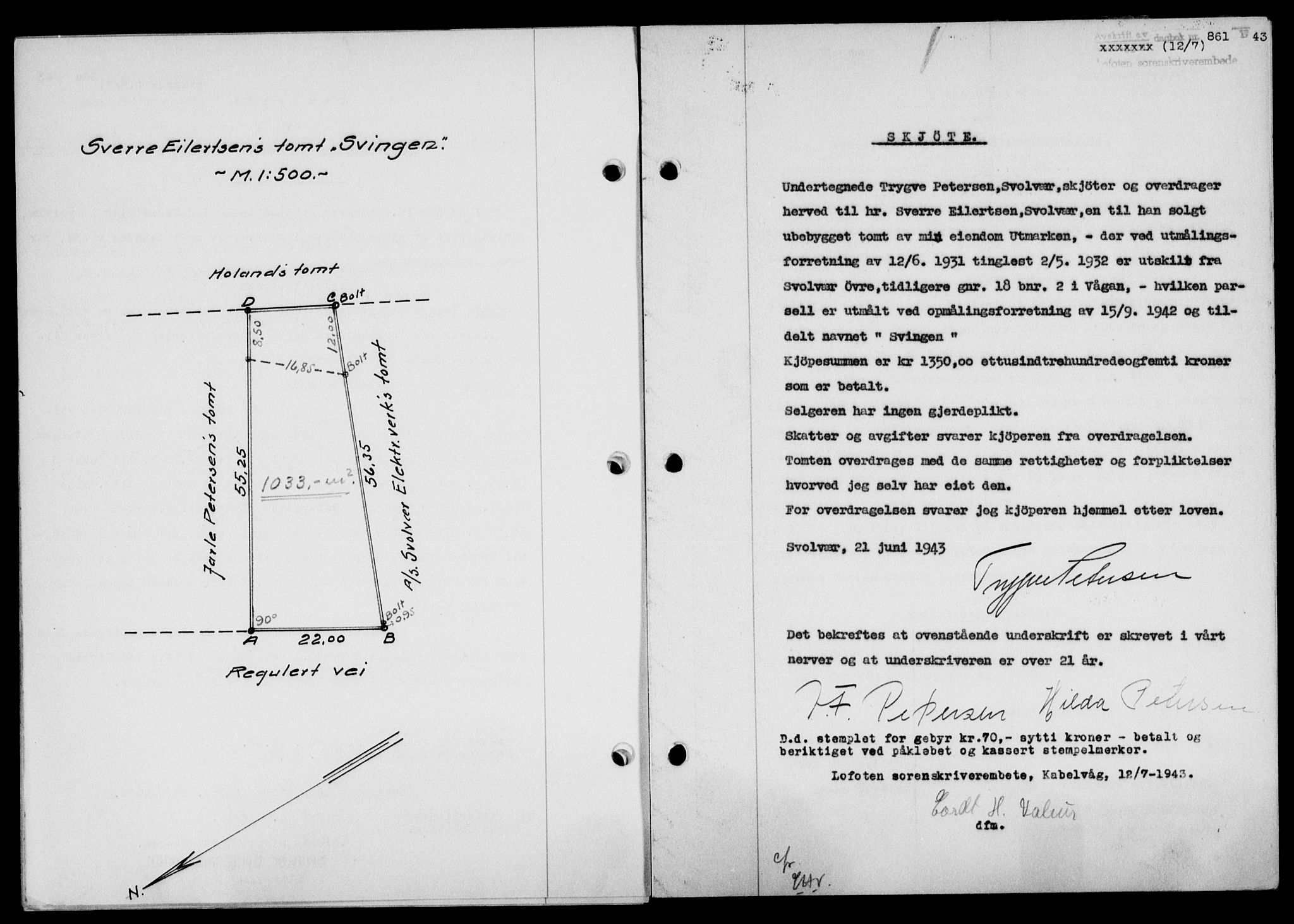 Lofoten sorenskriveri, SAT/A-0017/1/2/2C/L0011a: Mortgage book no. 11a, 1943-1943, Diary no: : 861/1943