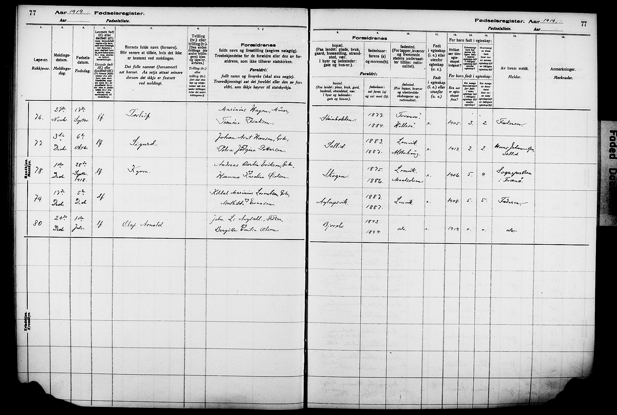 Lenvik sokneprestembete, SATØ/S-1310/I/Ic/L0089: Birth register no. 89, 1916-1926, p. 77
