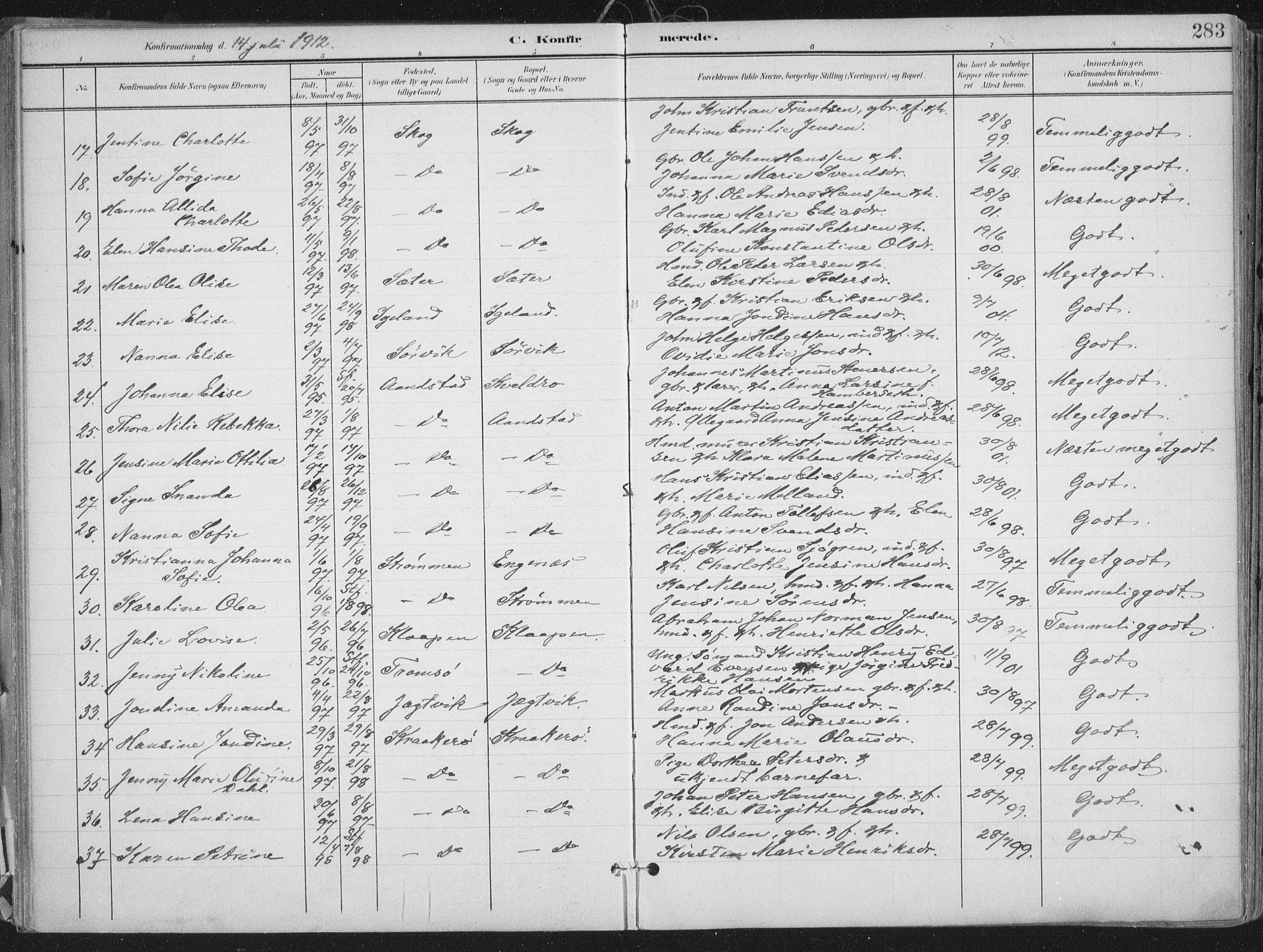 Ibestad sokneprestembete, SATØ/S-0077/H/Ha/Haa/L0017kirke: Parish register (official) no. 17, 1901-1914, p. 283