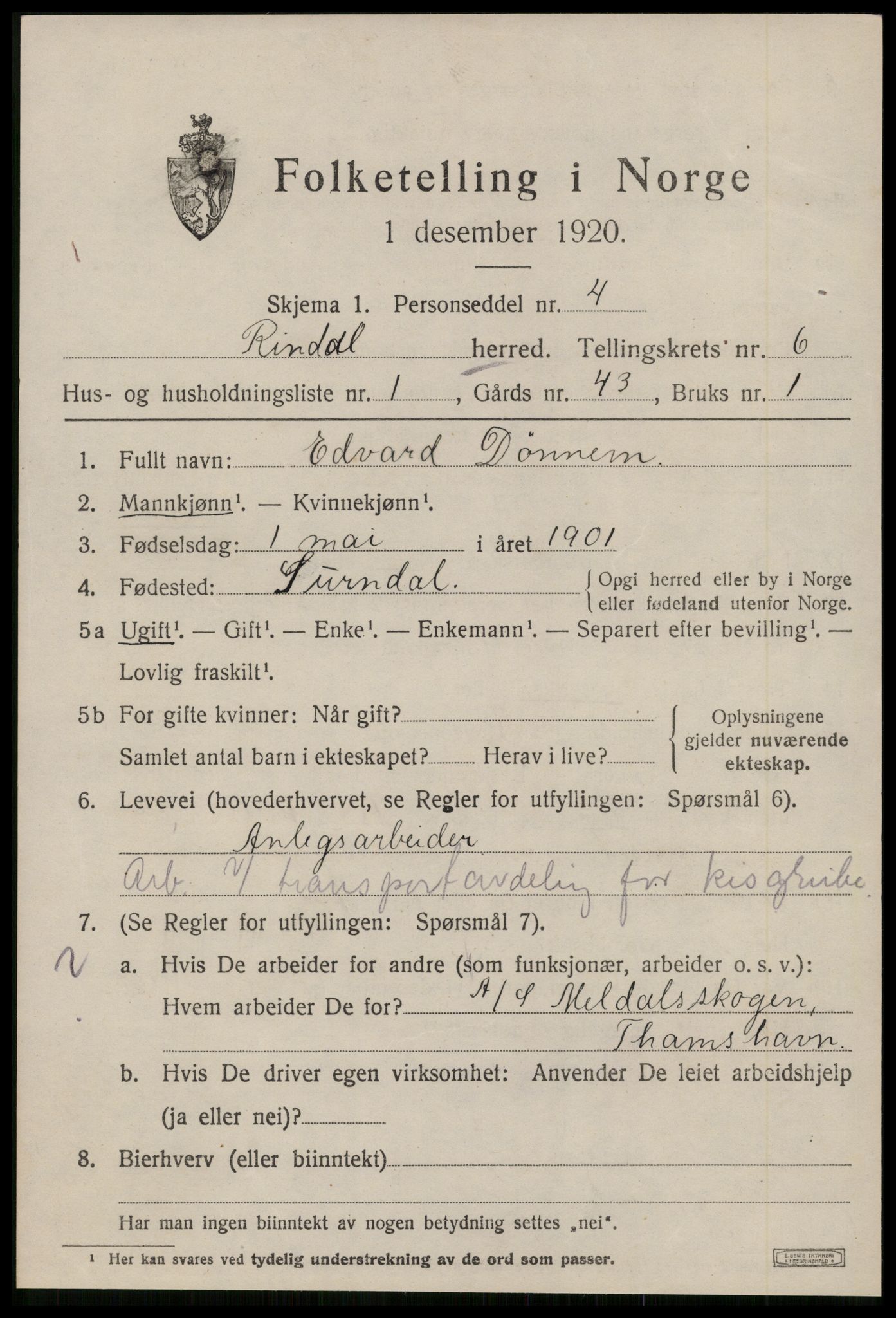 SAT, 1920 census for Rindal, 1920, p. 3284