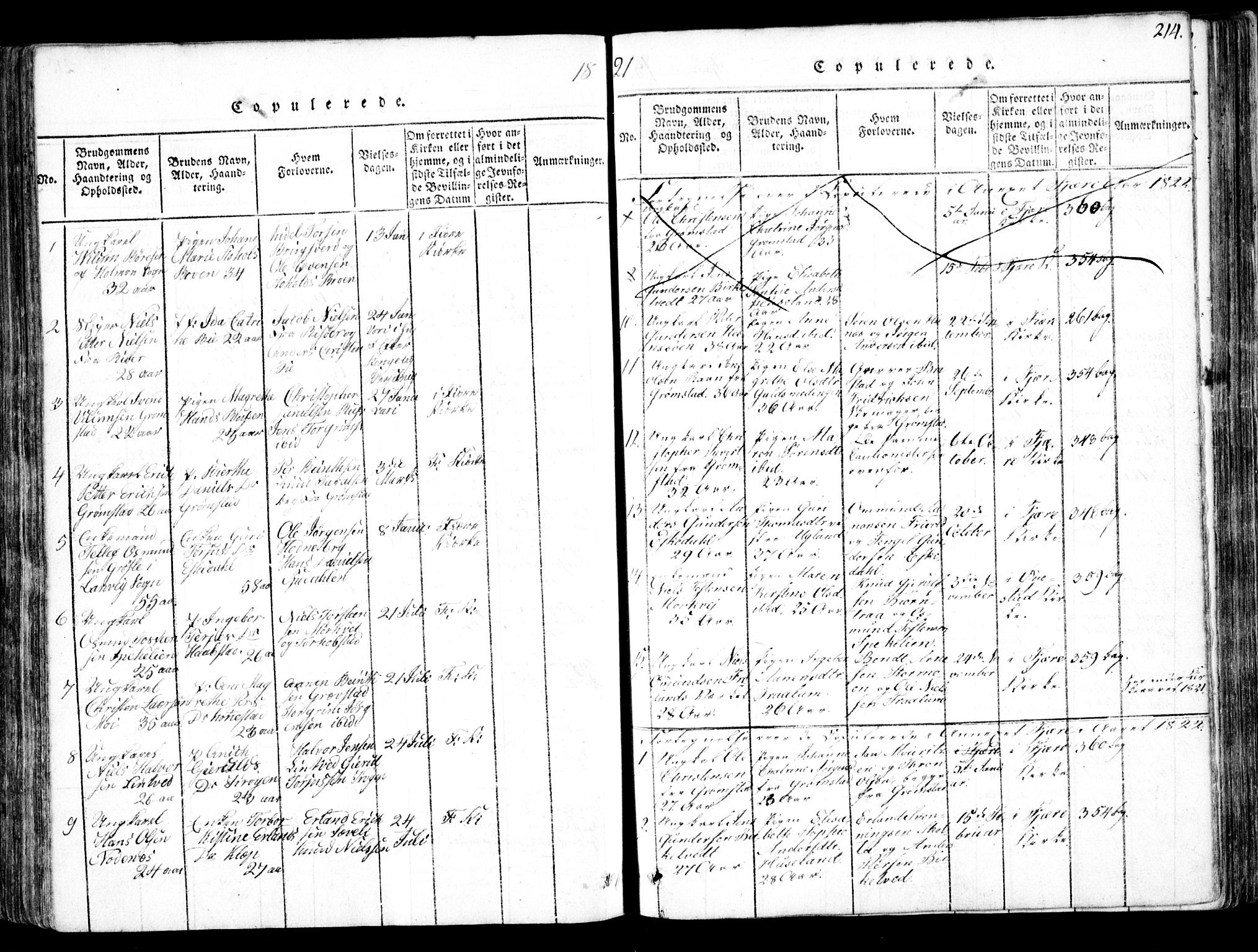 Fjære sokneprestkontor, AV/SAK-1111-0011/F/Fb/L0007: Parish register (copy) no. B 7, 1816-1826, p. 214