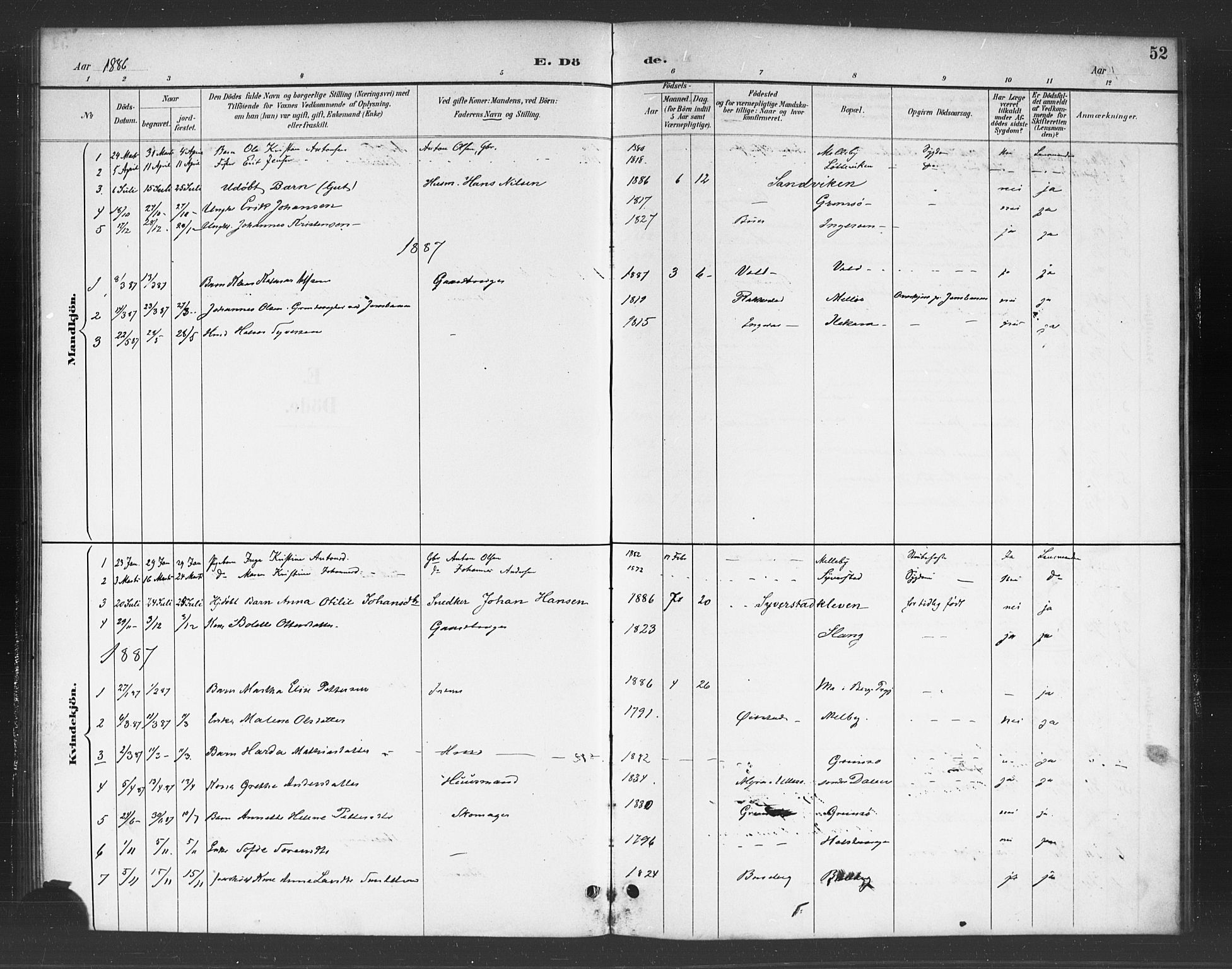 Skjeberg prestekontor Kirkebøker, AV/SAO-A-10923/F/Fc/L0001: Parish register (official) no. III 1, 1886-1897, p. 52