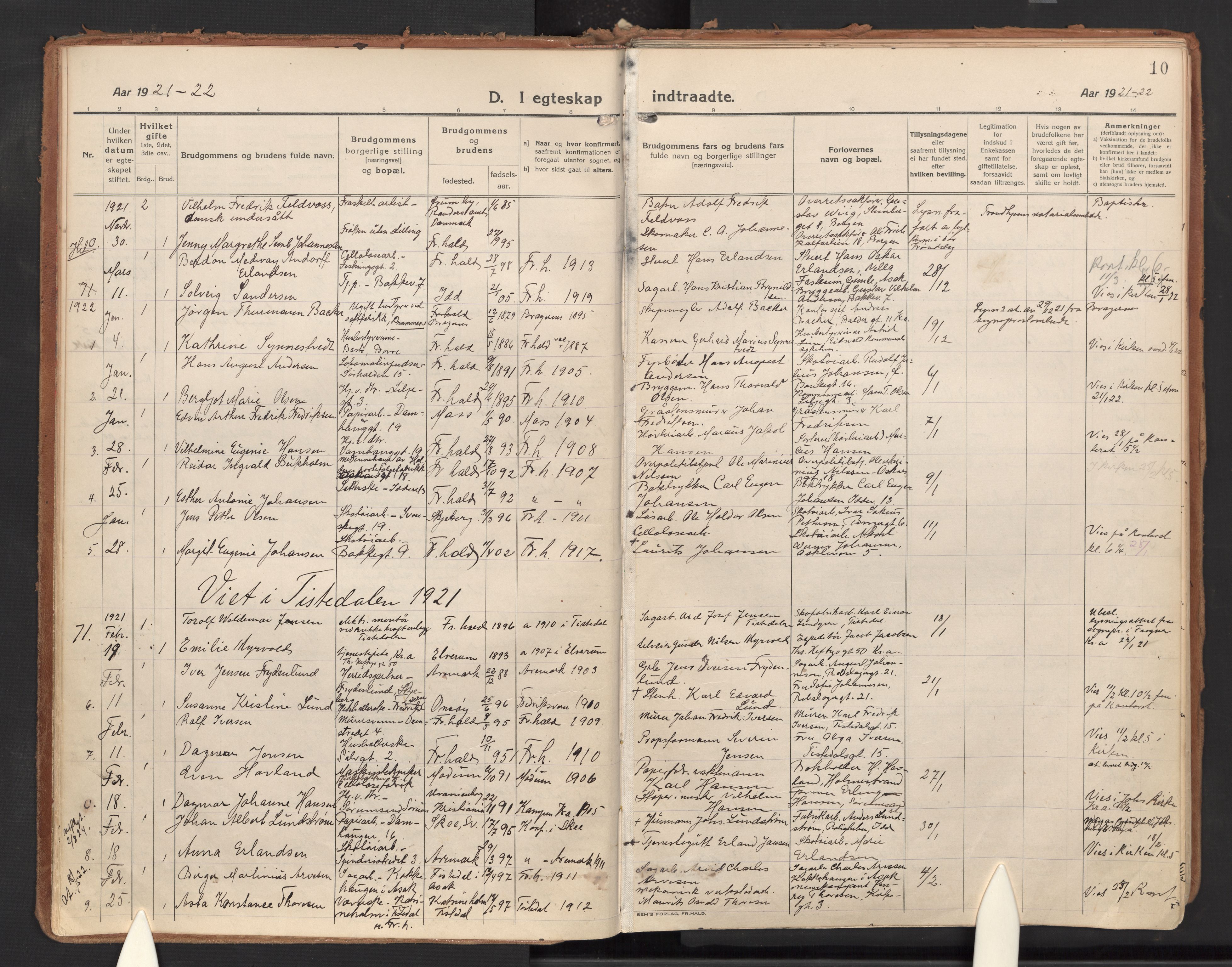 Halden prestekontor Kirkebøker, SAO/A-10909/F/Fa/L0017: Parish register (official) no. I 17, 1921-1945, p. 10