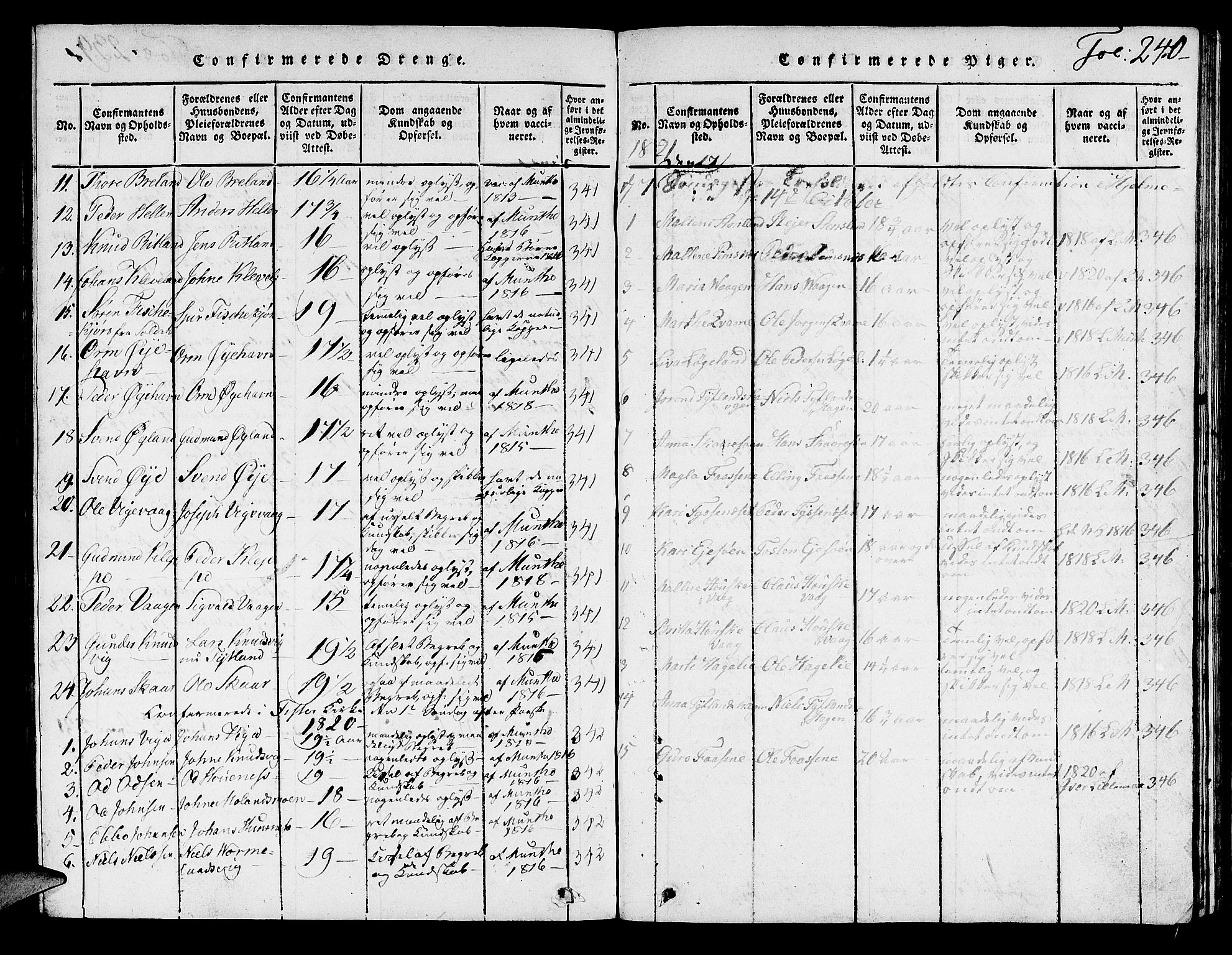 Hjelmeland sokneprestkontor, AV/SAST-A-101843/01/V/L0001: Parish register (copy) no. B 1, 1816-1841, p. 240