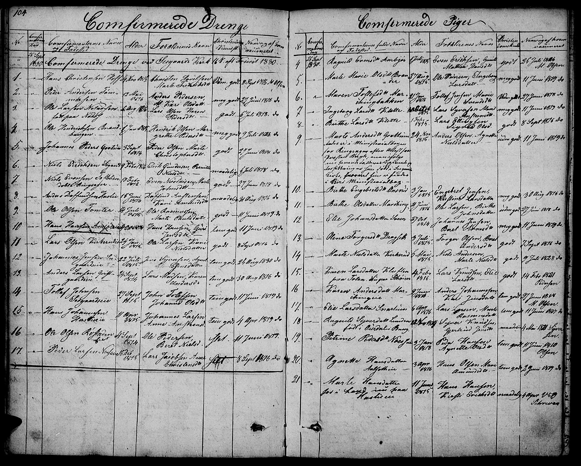 Biri prestekontor, SAH/PREST-096/H/Ha/Haa/L0004: Parish register (official) no. 4, 1829-1842, p. 104