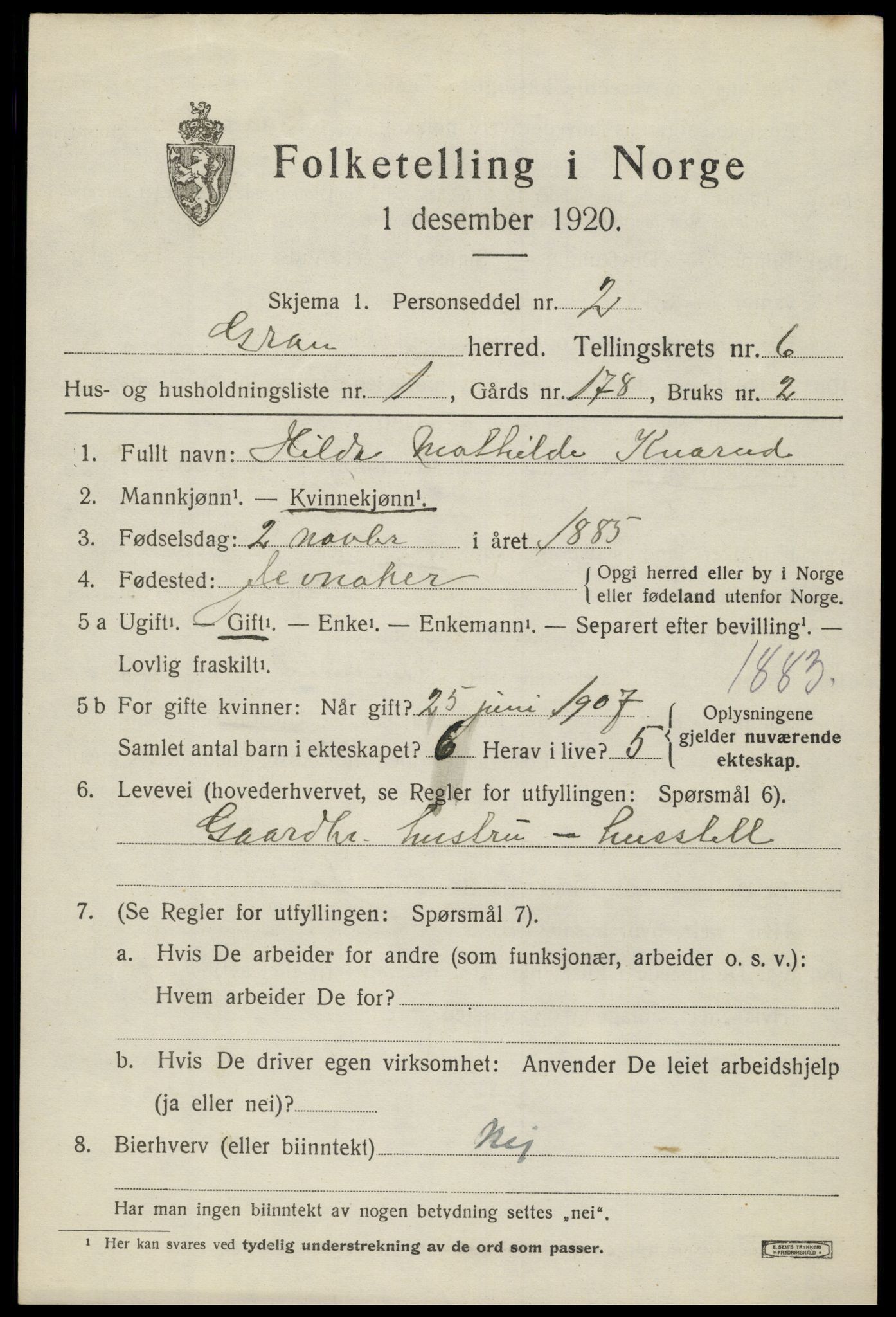 SAH, 1920 census for Gran, 1920, p. 8307