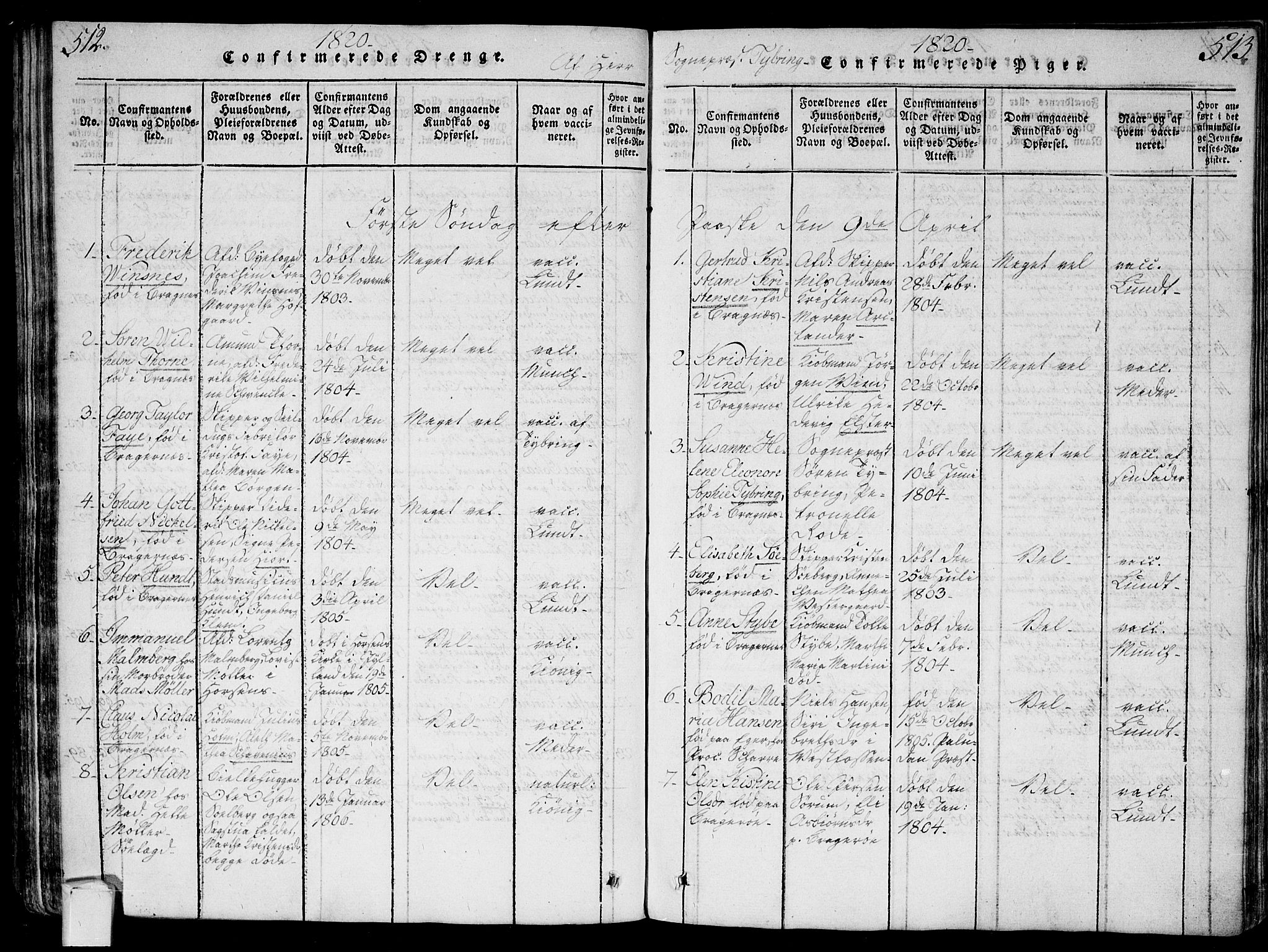 Bragernes kirkebøker, AV/SAKO-A-6/G/Ga/L0001: Parish register (copy) no. 1, 1815-1829, p. 512-513