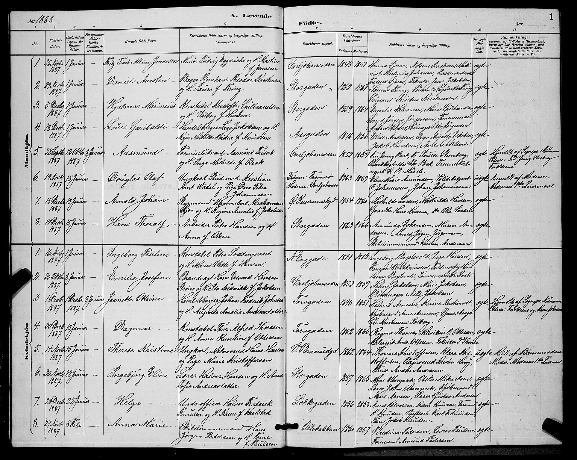 Horten kirkebøker, AV/SAKO-A-348/G/Ga/L0005: Parish register (copy) no. 5, 1888-1895, p. 1