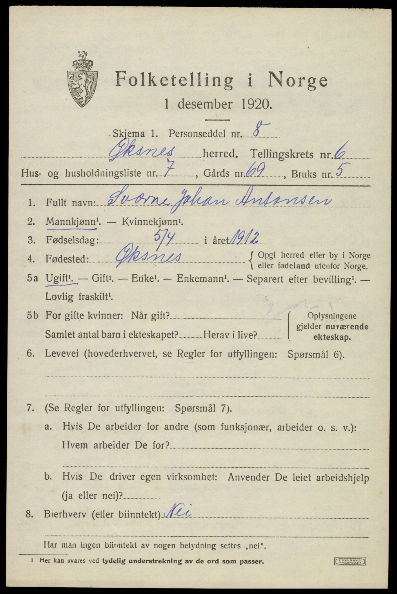 SAT, 1920 census for Øksnes, 1920, p. 4962