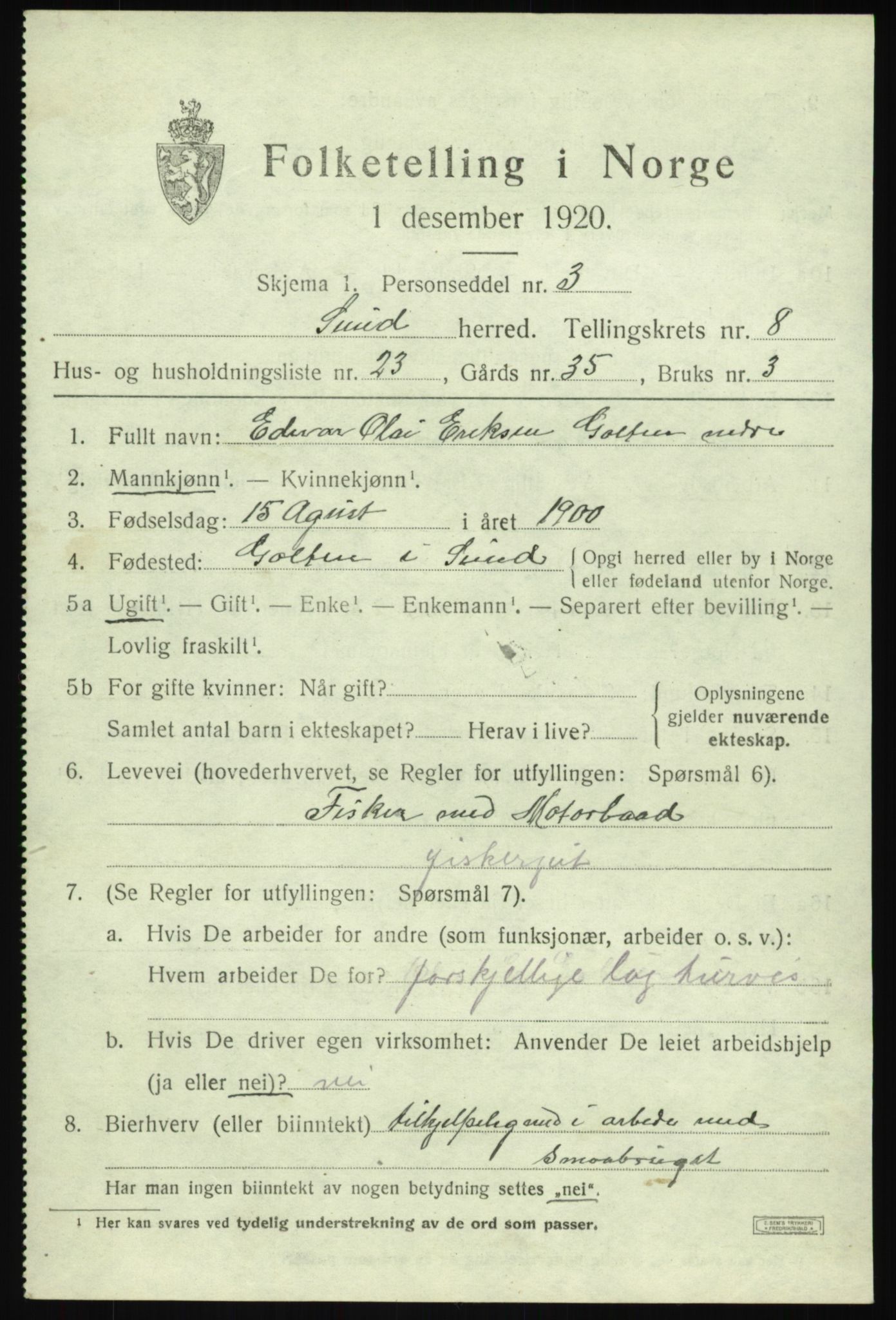 SAB, 1920 census for Sund, 1920, p. 5293