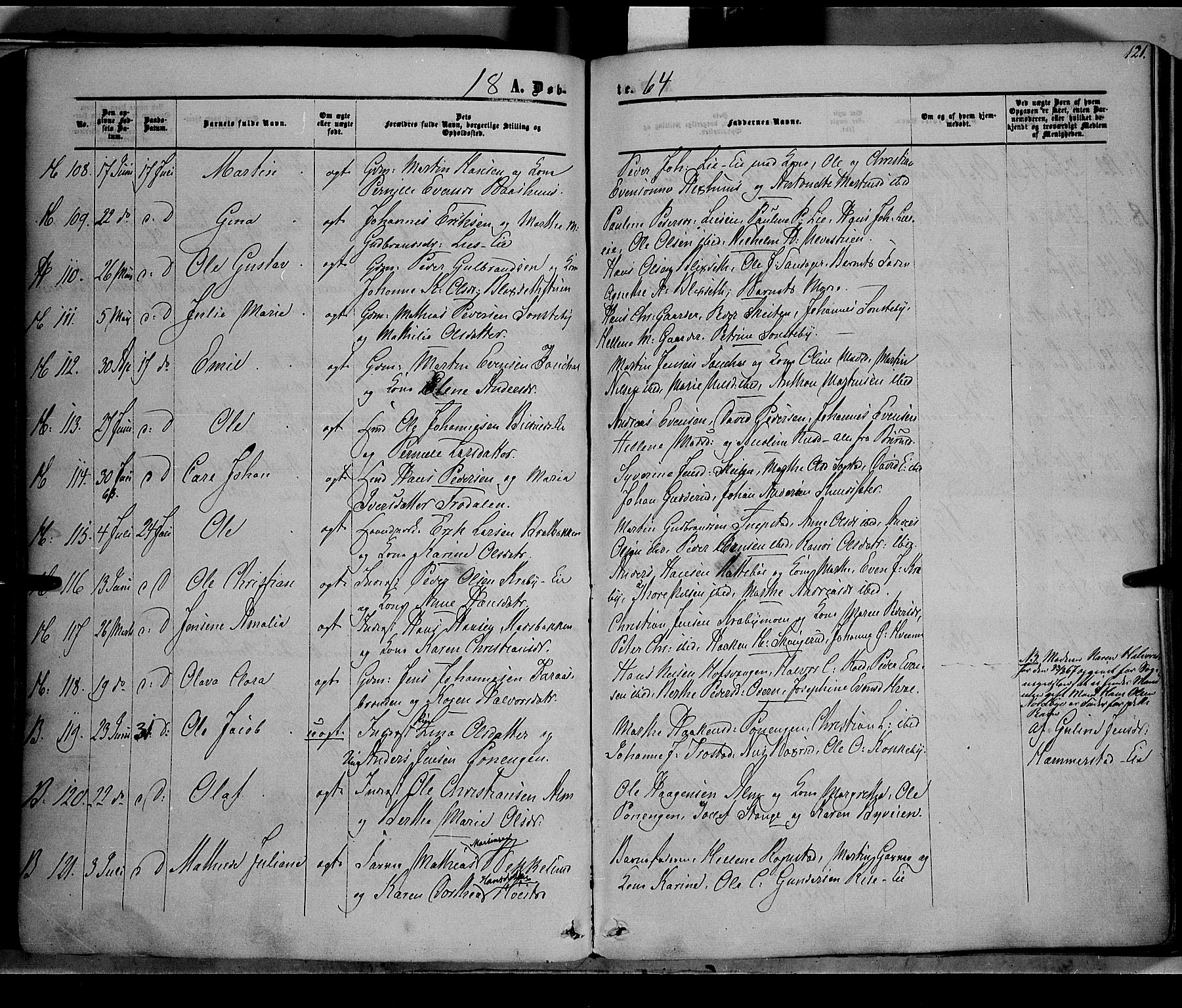 Østre Toten prestekontor, AV/SAH-PREST-104/H/Ha/Haa/L0004: Parish register (official) no. 4, 1857-1865, p. 121