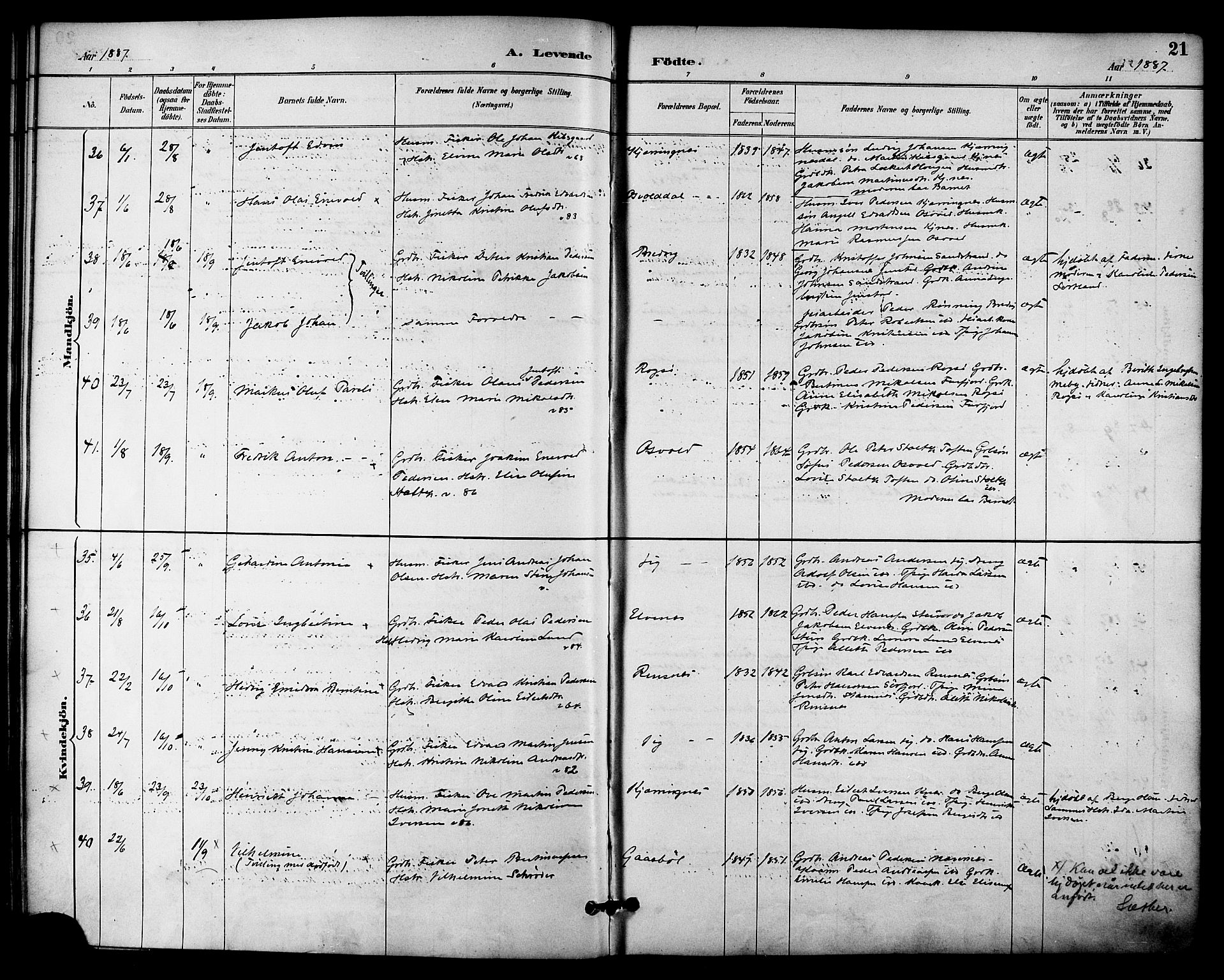 Ministerialprotokoller, klokkerbøker og fødselsregistre - Nordland, AV/SAT-A-1459/895/L1371: Parish register (official) no. 895A06, 1885-1894, p. 21