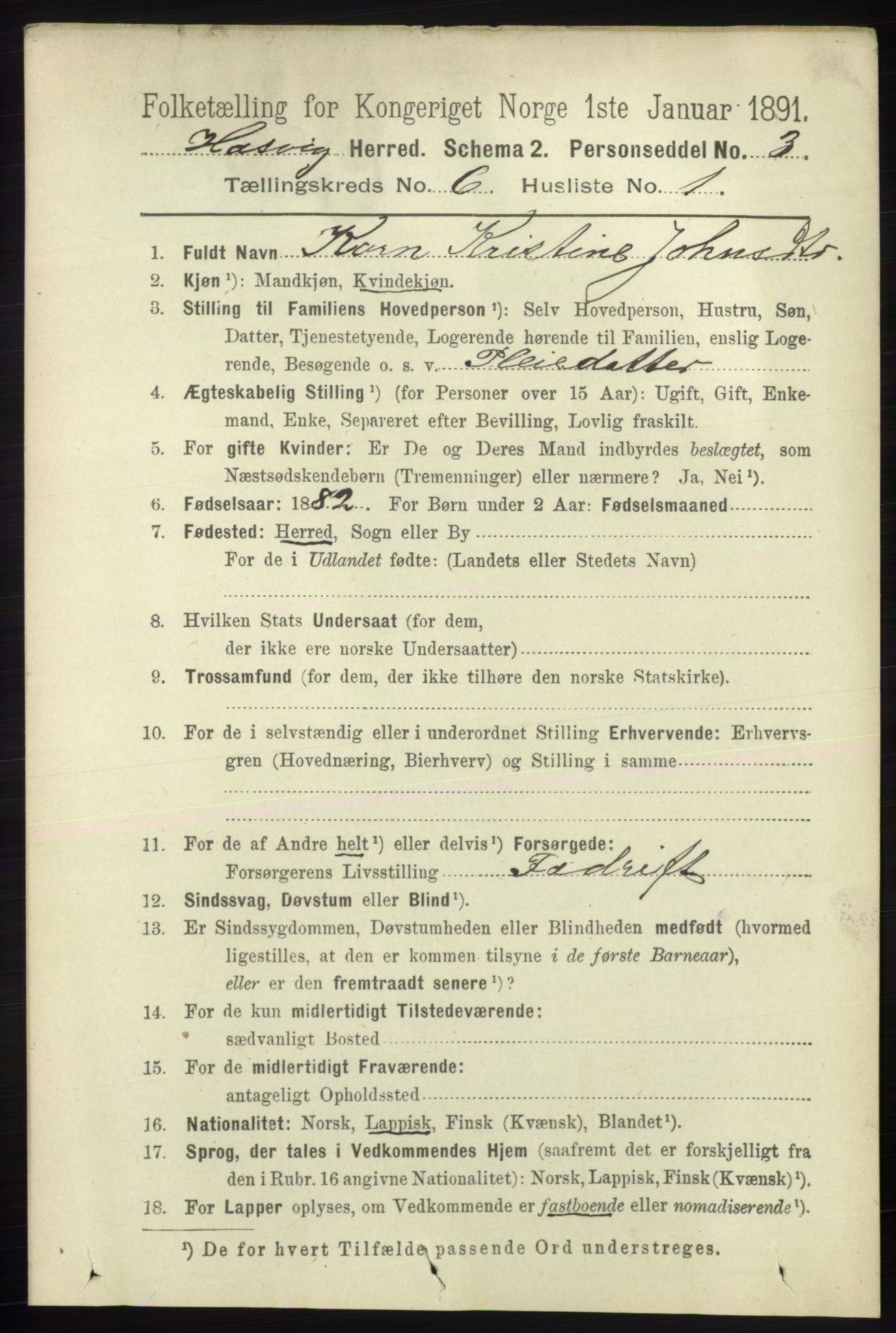 RA, 1891 census for 2015 Hasvik, 1891, p. 868