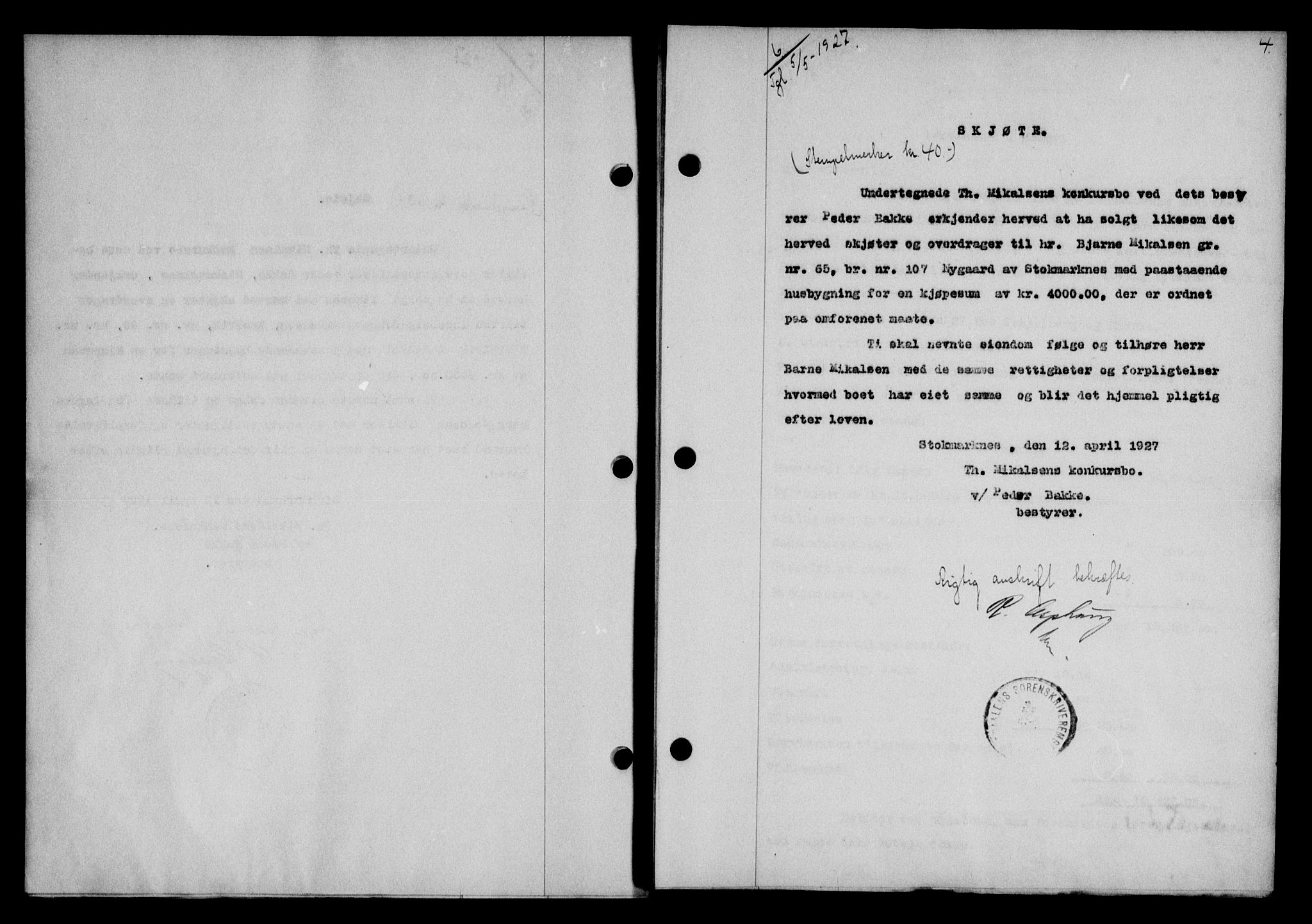 Vesterålen sorenskriveri, SAT/A-4180/1/2/2Ca/L0044: Mortgage book no. 37, 1927-1927, Deed date: 05.05.1927