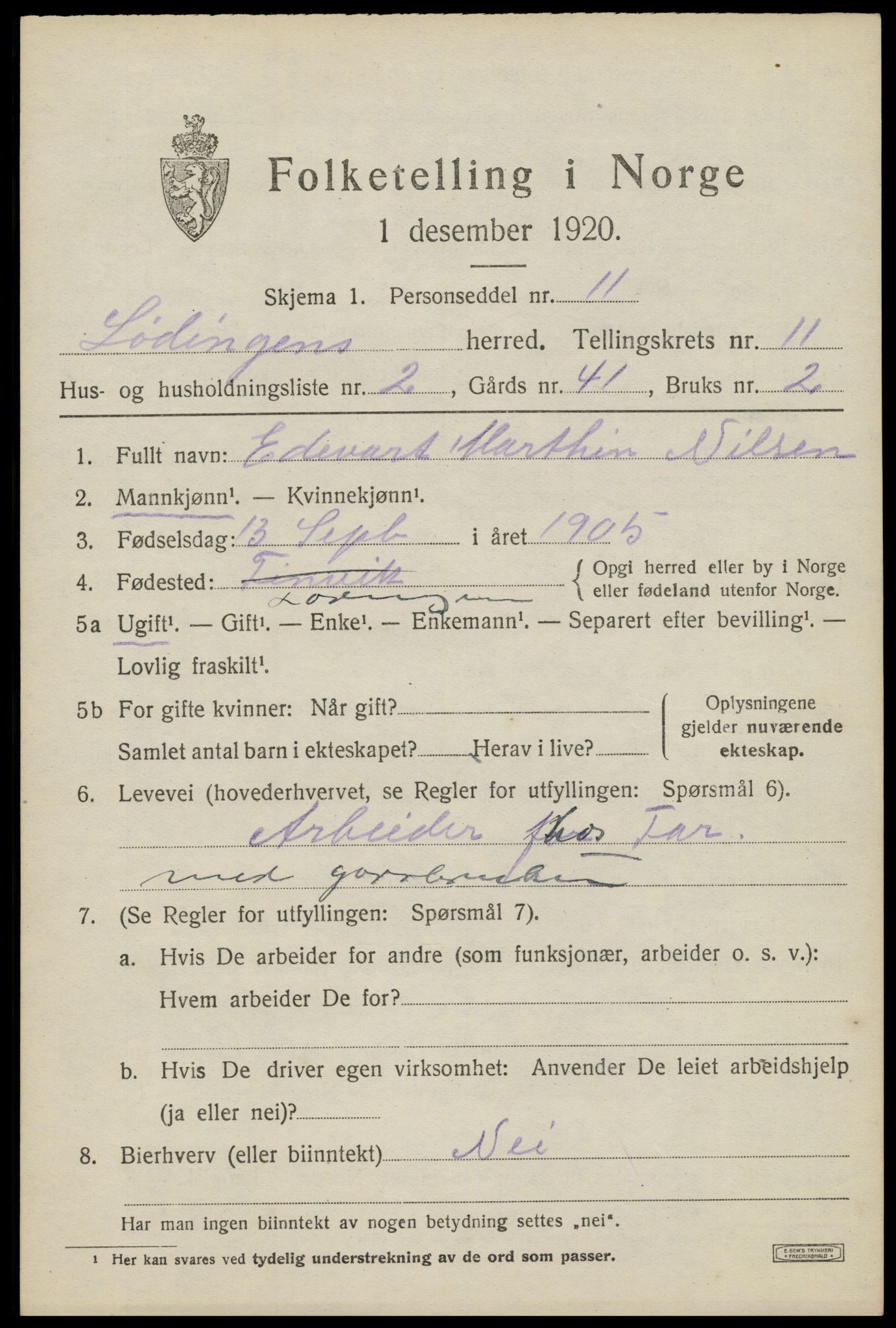 SAT, 1920 census for Lødingen, 1920, p. 6217