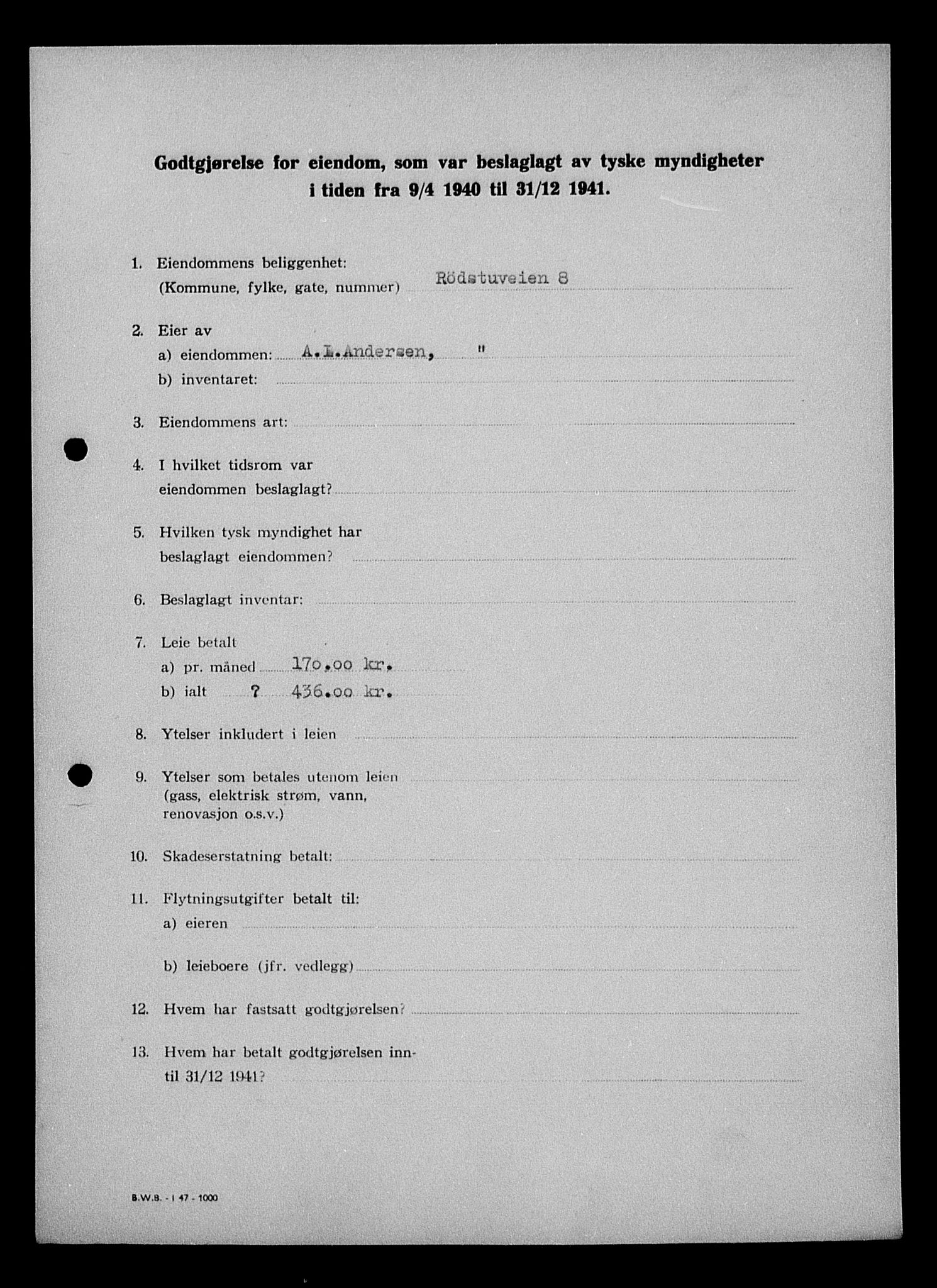 Justisdepartementet, Tilbakeføringskontoret for inndratte formuer, AV/RA-S-1564/I/L1010: Godtgjørelse for beslaglagt eiendom, 1940-1941, p. 317