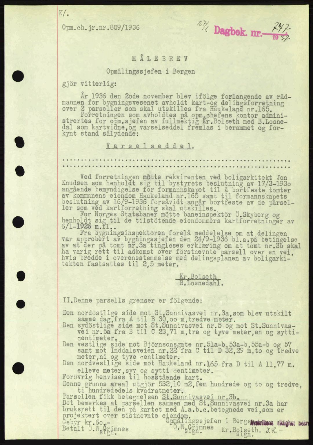 Byfogd og Byskriver i Bergen, SAB/A-3401/03/03Bc/L0004: Mortgage book no. A3-4, 1936-1937, Diary no: : 747/1937