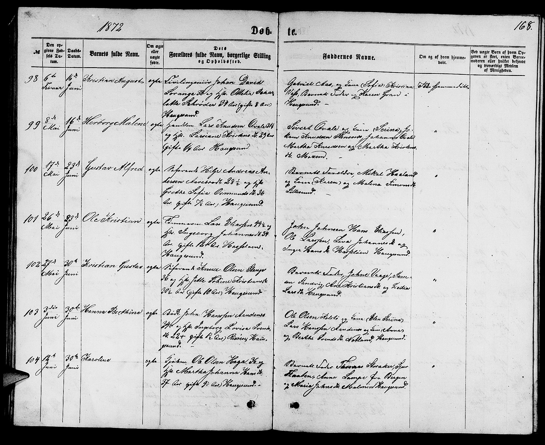 Torvastad sokneprestkontor, AV/SAST-A -101857/H/Ha/Hab/L0007: Parish register (copy) no. B 7, 1866-1873, p. 168