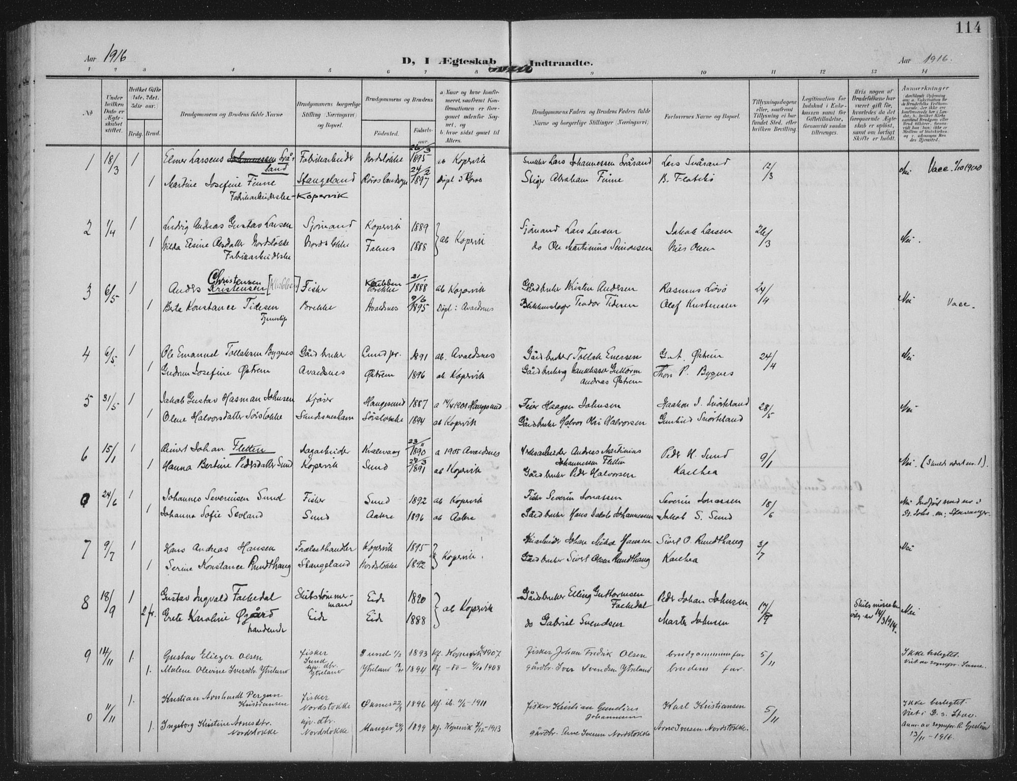 Kopervik sokneprestkontor, AV/SAST-A-101850/H/Ha/Haa/L0003: Parish register (official) no. A 3, 1906-1924, p. 114