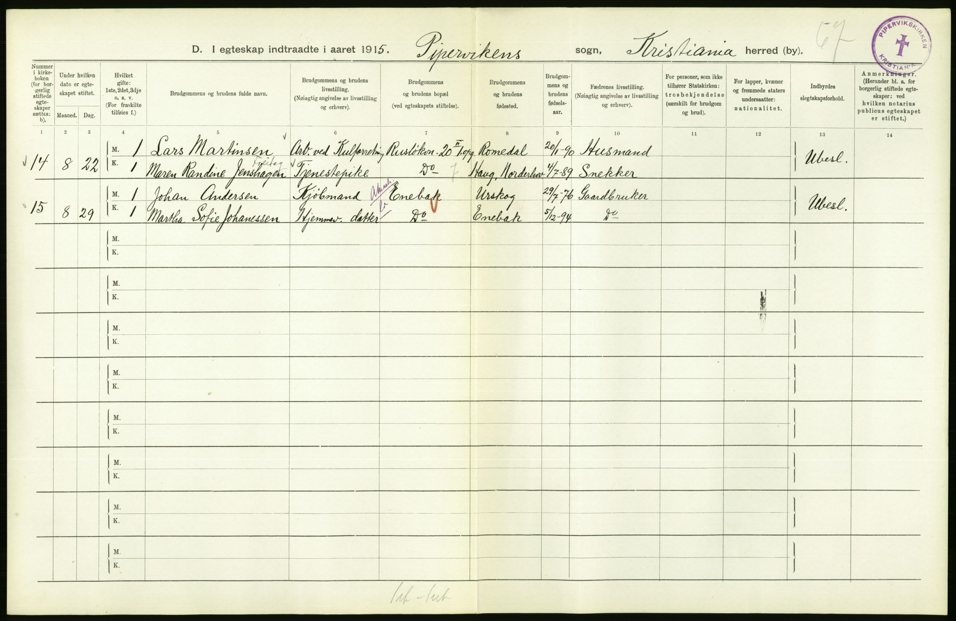 Statistisk sentralbyrå, Sosiodemografiske emner, Befolkning, AV/RA-S-2228/D/Df/Dfb/Dfbe/L0008: Kristiania: Gifte., 1915, p. 660