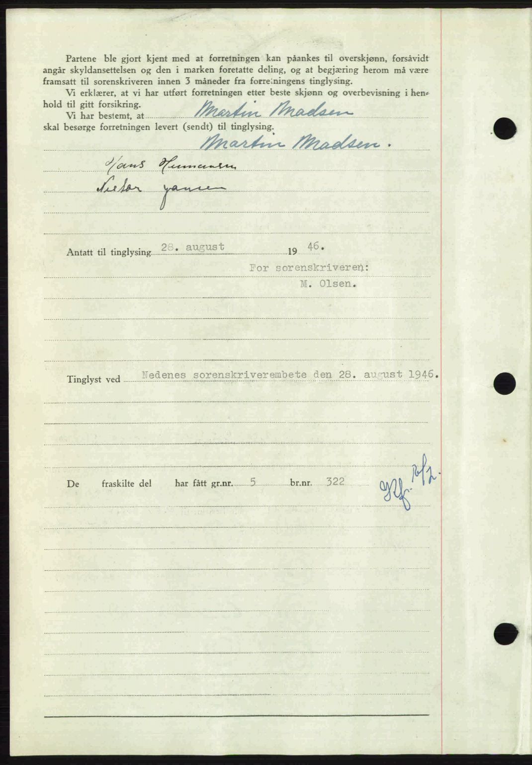 Nedenes sorenskriveri, AV/SAK-1221-0006/G/Gb/Gba/L0056: Mortgage book no. A8, 1946-1947, Diary no: : 1009/1946