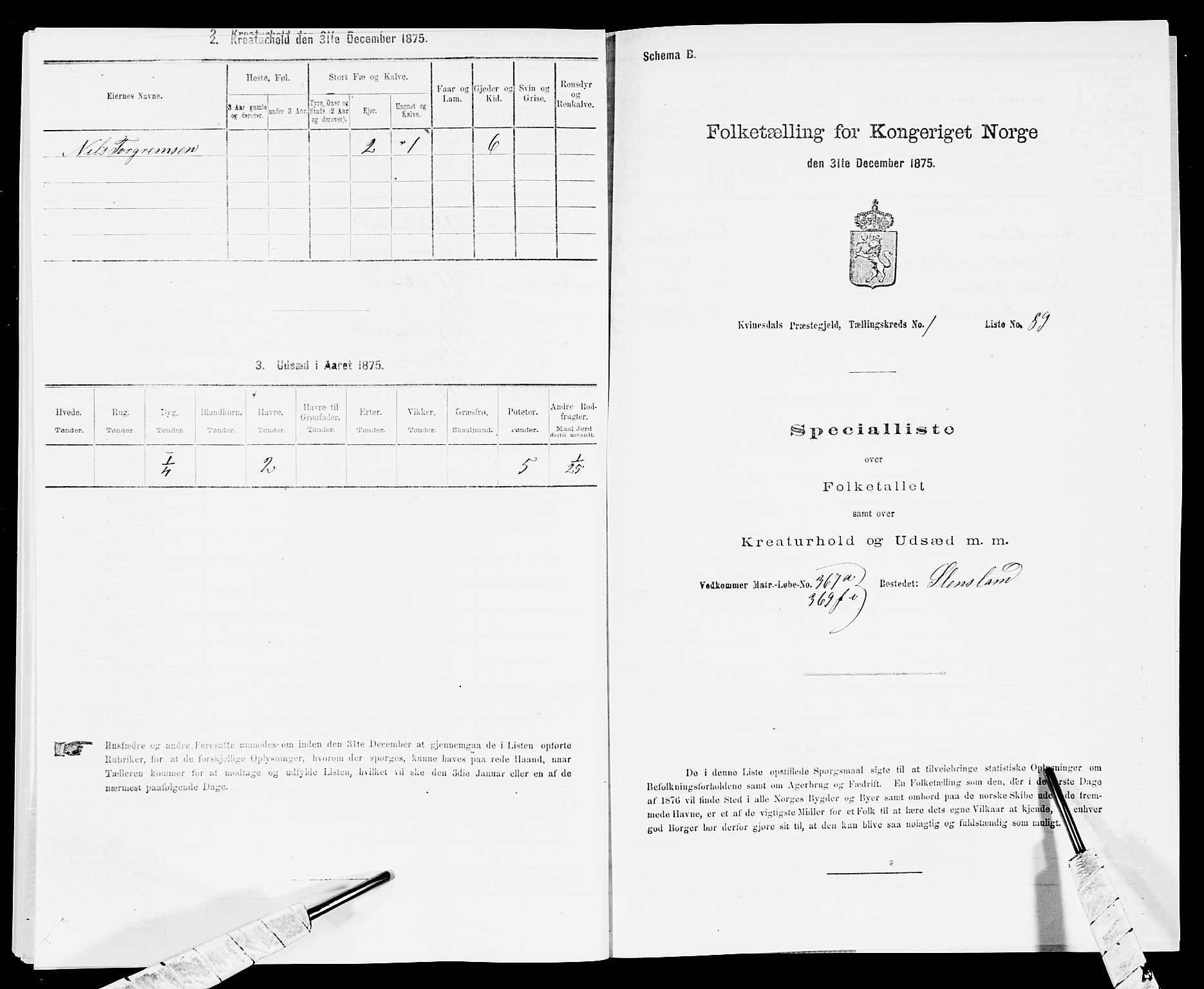 SAK, 1875 census for 1037P Kvinesdal, 1875, p. 269