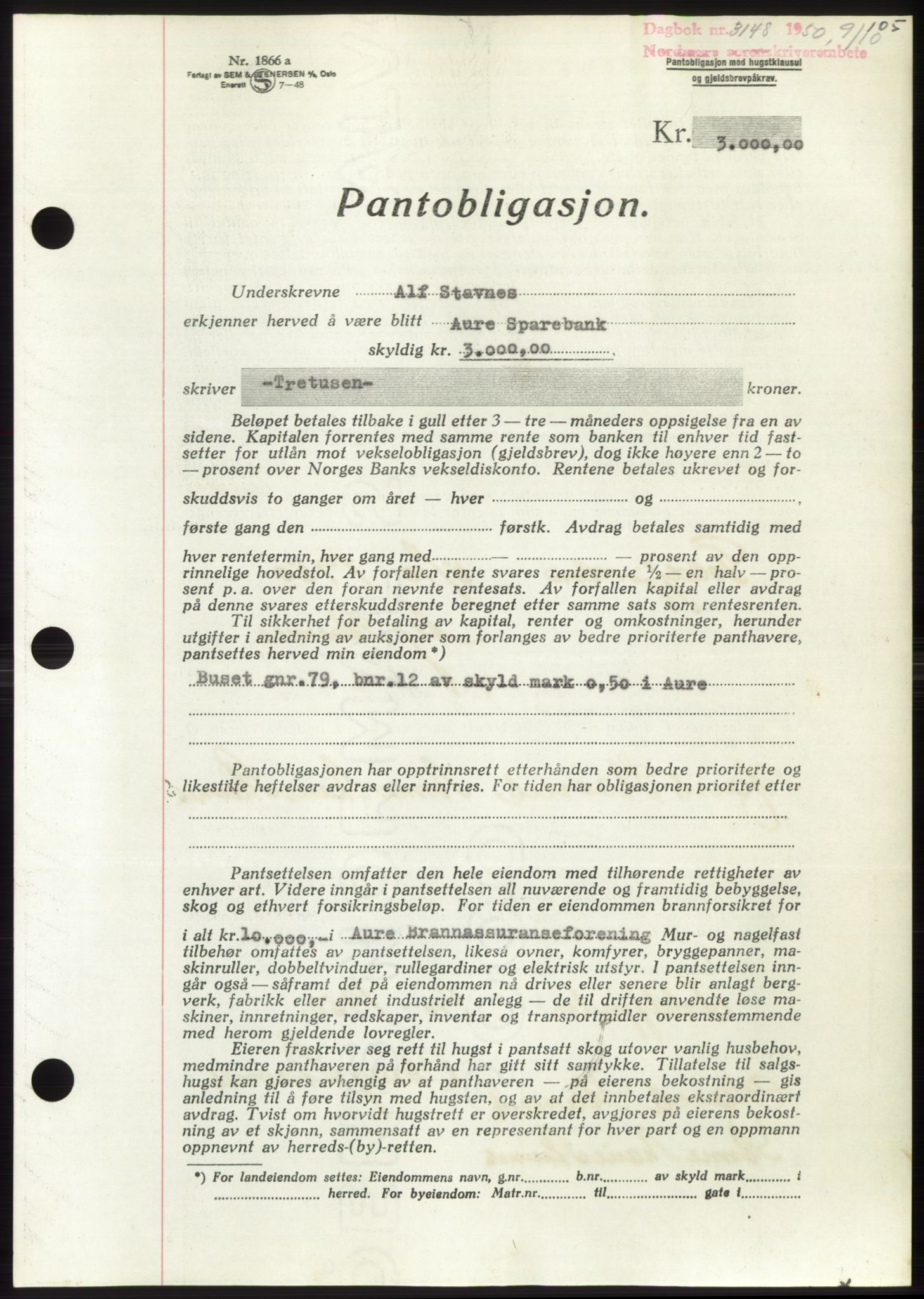 Nordmøre sorenskriveri, AV/SAT-A-4132/1/2/2Ca: Mortgage book no. B106, 1950-1950, Diary no: : 3148/1950