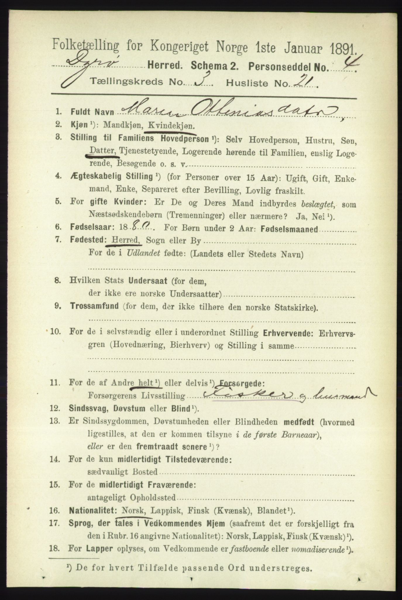 RA, 1891 census for 1926 Dyrøy, 1891, p. 1319