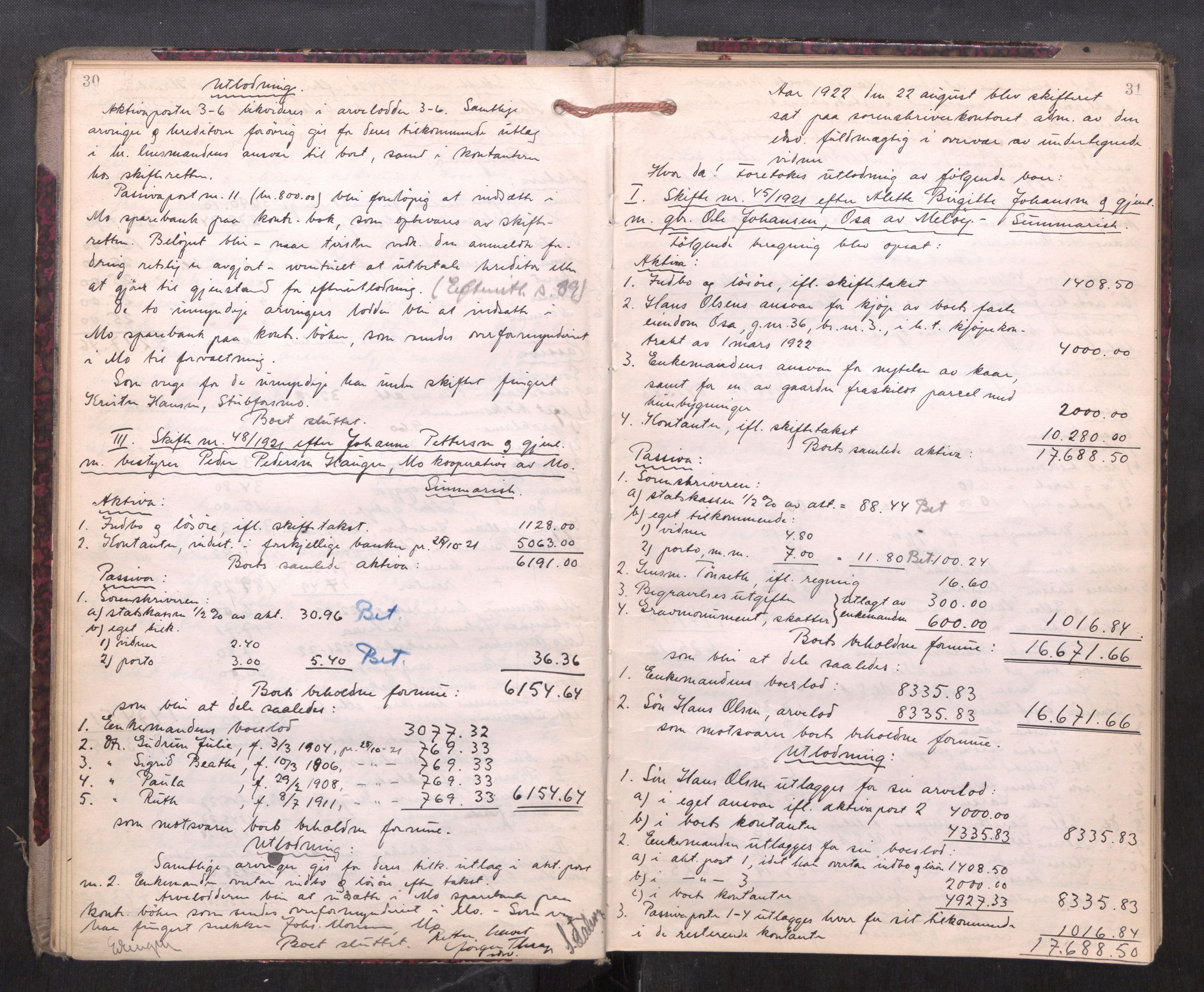 Rana sorenskriveri , AV/SAT-A-1108/1/3/3A/L0010: Skifteslutningsprotokoll, 1921-1927, p. 30-31