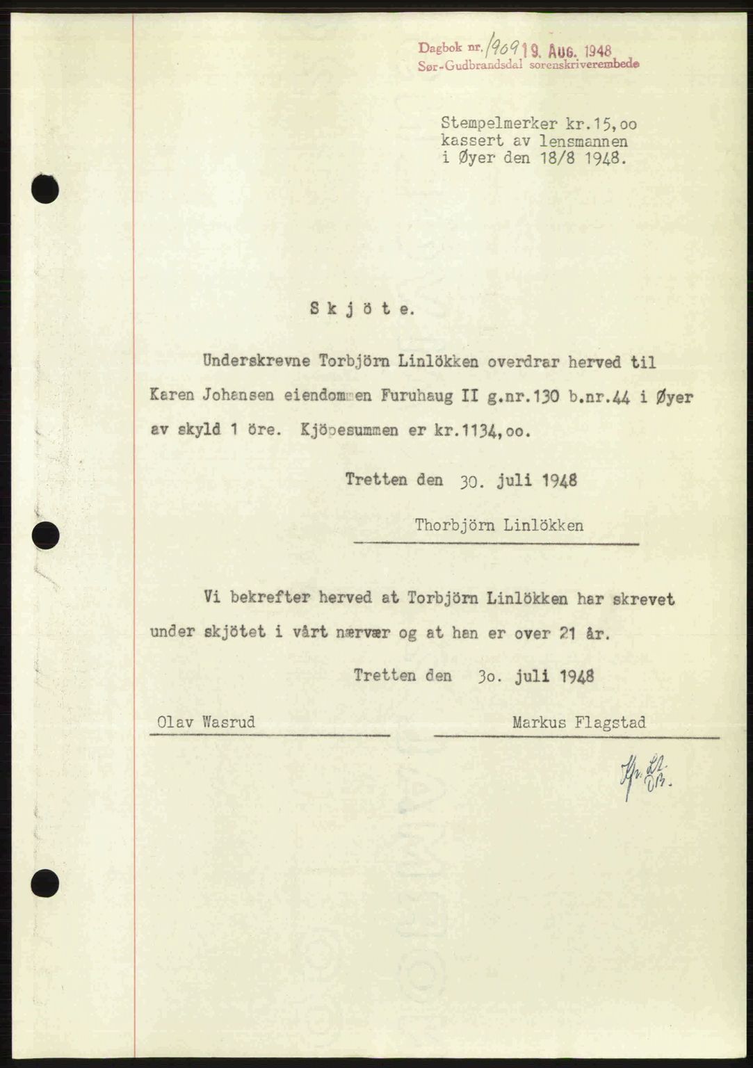 Sør-Gudbrandsdal tingrett, SAH/TING-004/H/Hb/Hbd/L0022: Mortgage book no. A22, 1948-1948, Diary no: : 1909/1948