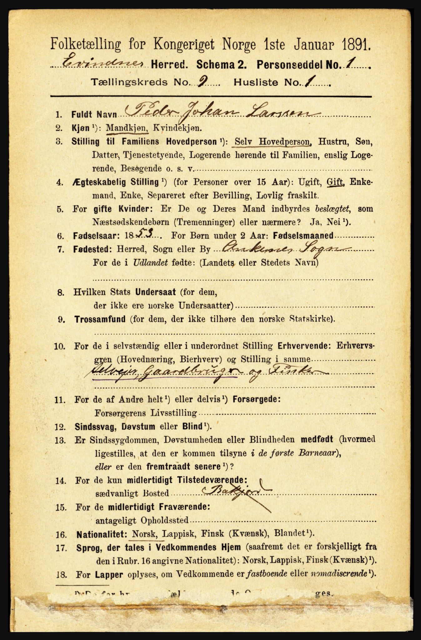 RA, 1891 census for 1853 Evenes, 1891, p. 2803