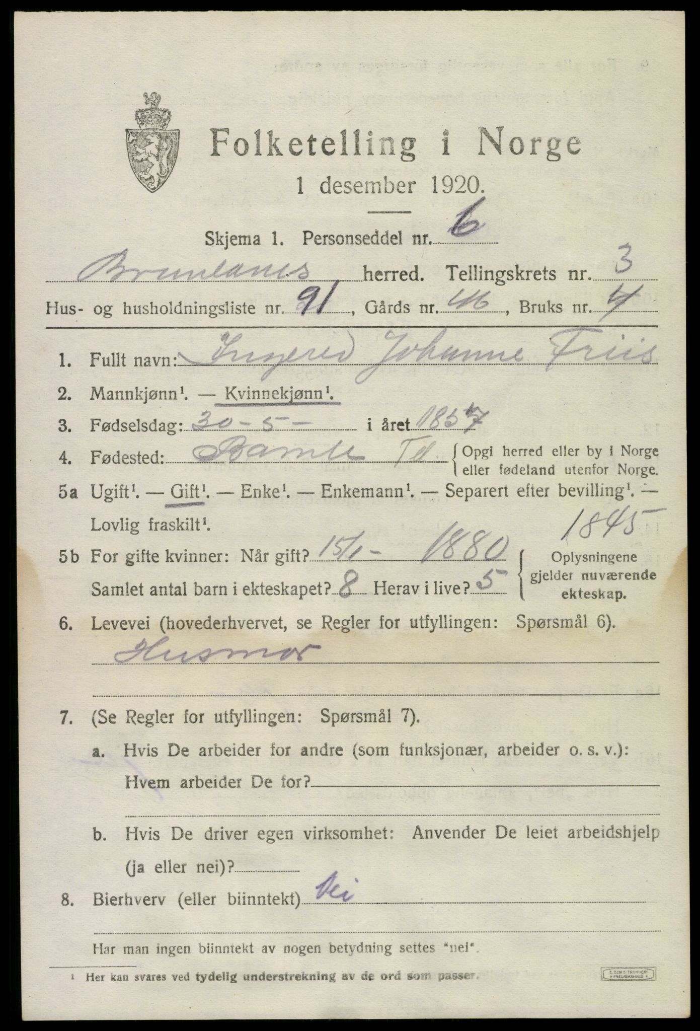 SAKO, 1920 census for Brunlanes, 1920, p. 5789