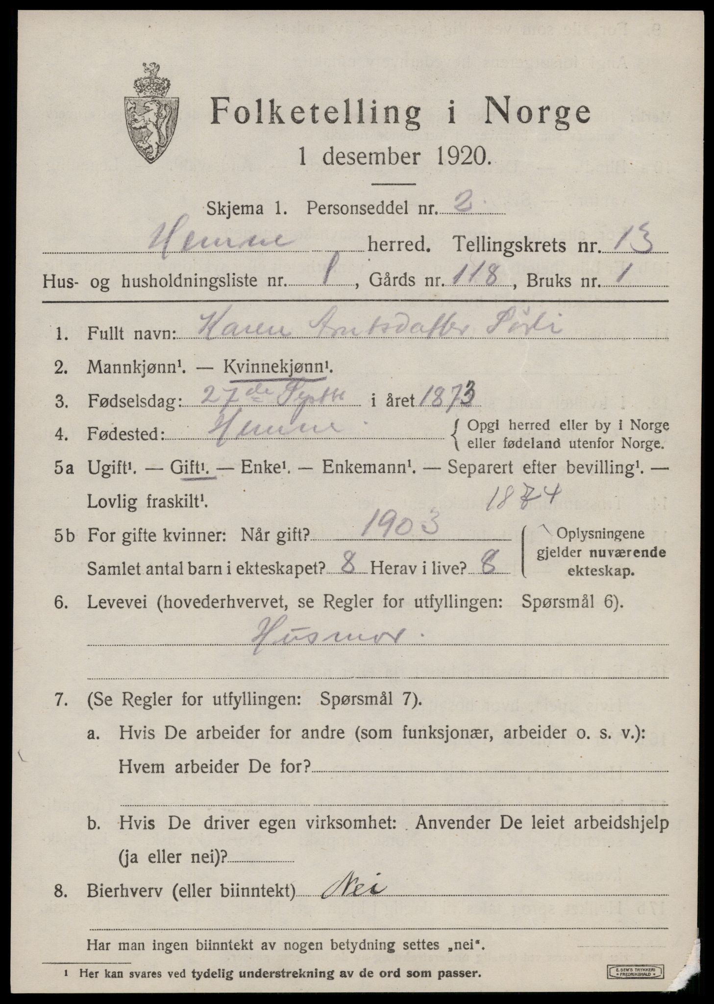 SAT, 1920 census for Hemne, 1920, p. 7274