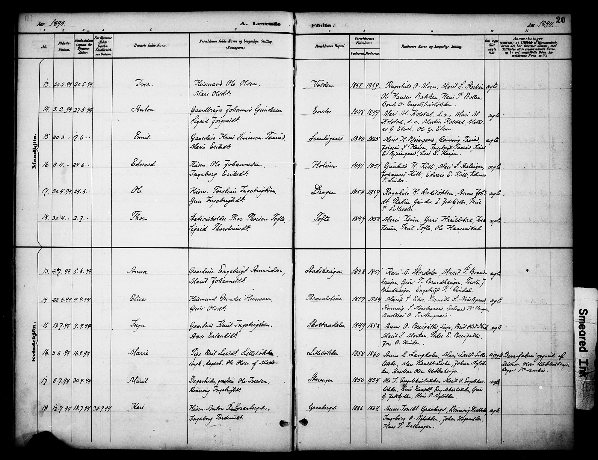 Dovre prestekontor, AV/SAH-PREST-066/H/Ha/Haa/L0003: Parish register (official) no. 3, 1891-1901, p. 20