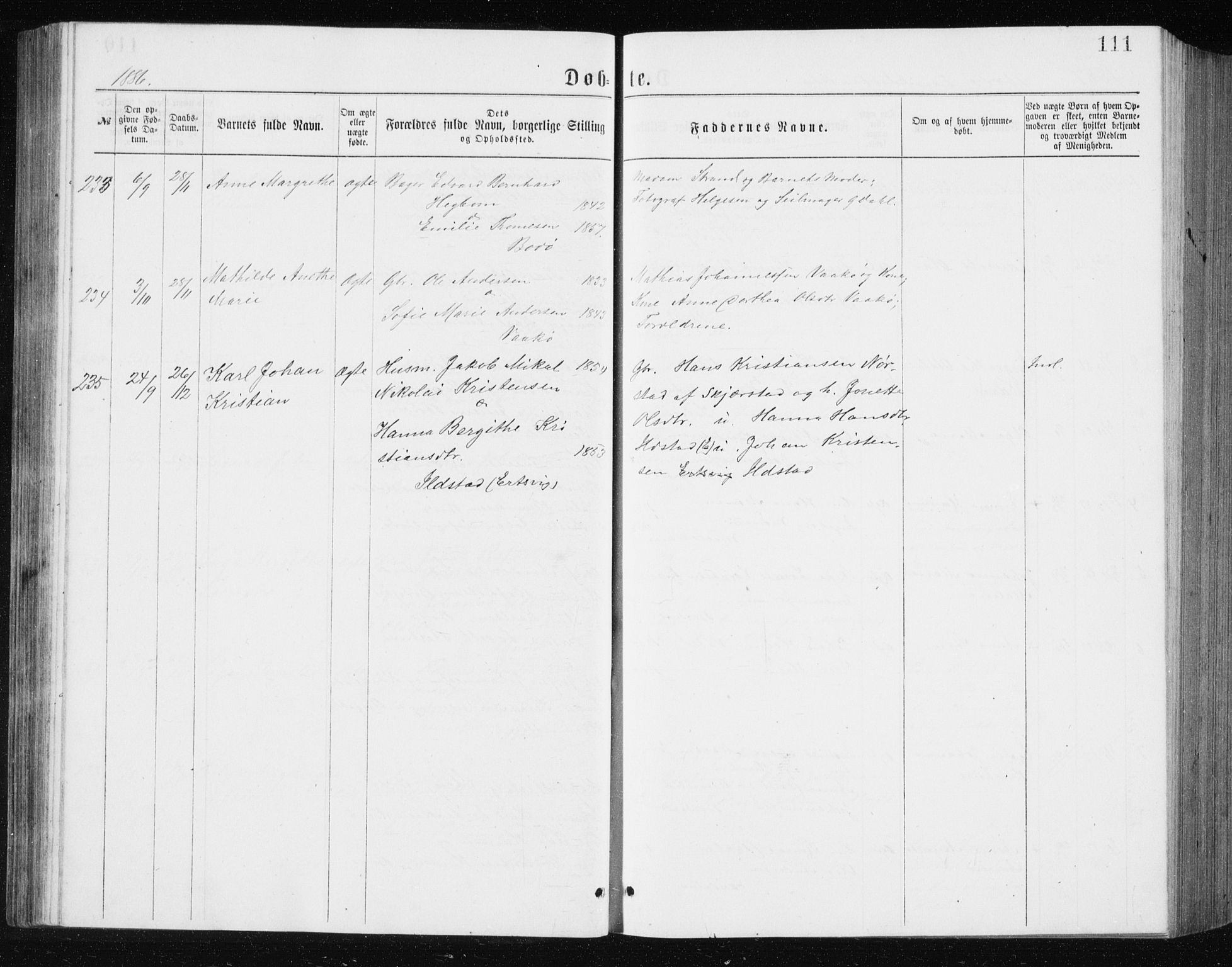 Ministerialprotokoller, klokkerbøker og fødselsregistre - Nordland, AV/SAT-A-1459/801/L0031: Parish register (copy) no. 801C06, 1883-1887, p. 111