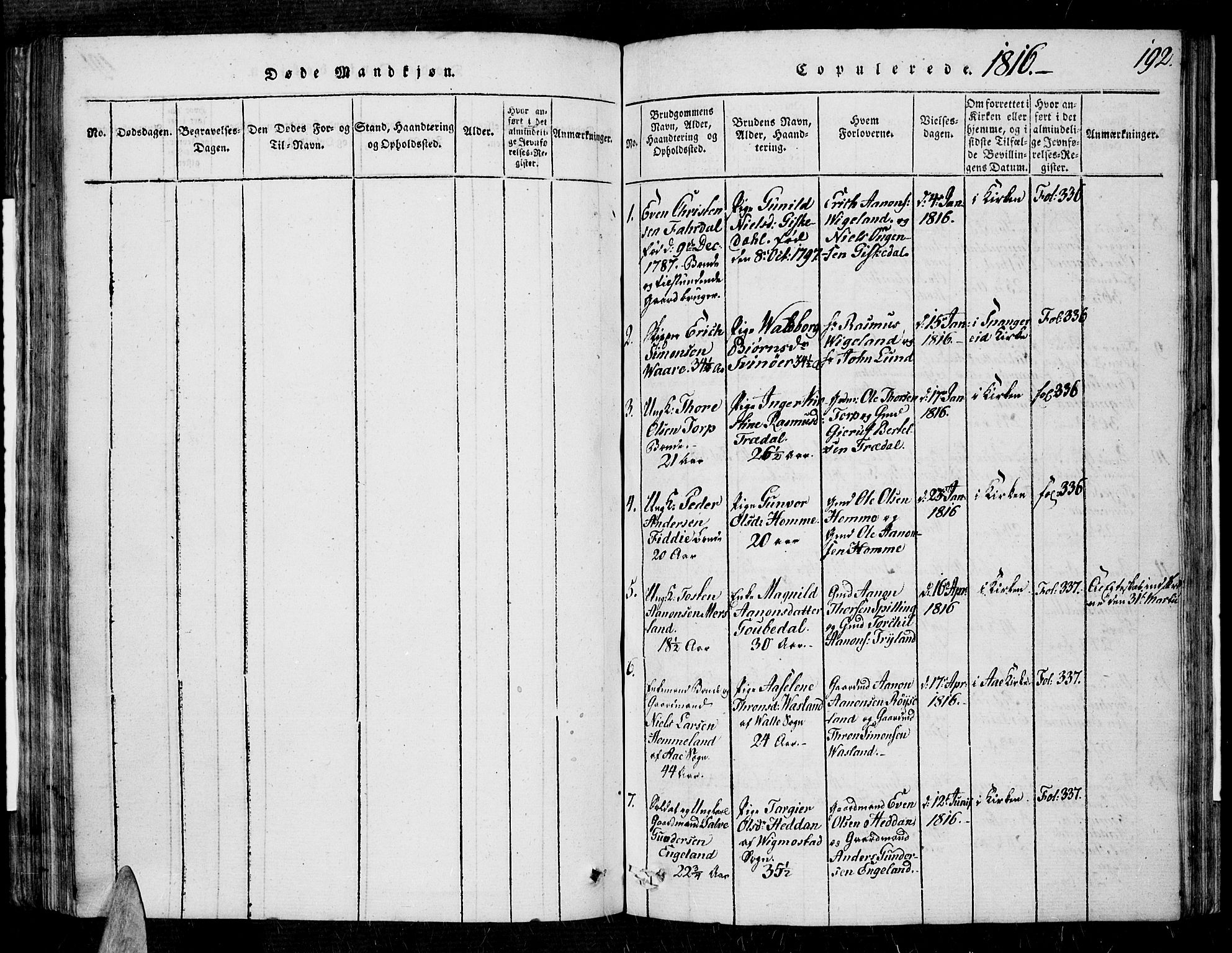 Sør-Audnedal sokneprestkontor, SAK/1111-0039/F/Fa/Fab/L0005: Parish register (official) no. A 5, 1816-1830, p. 192