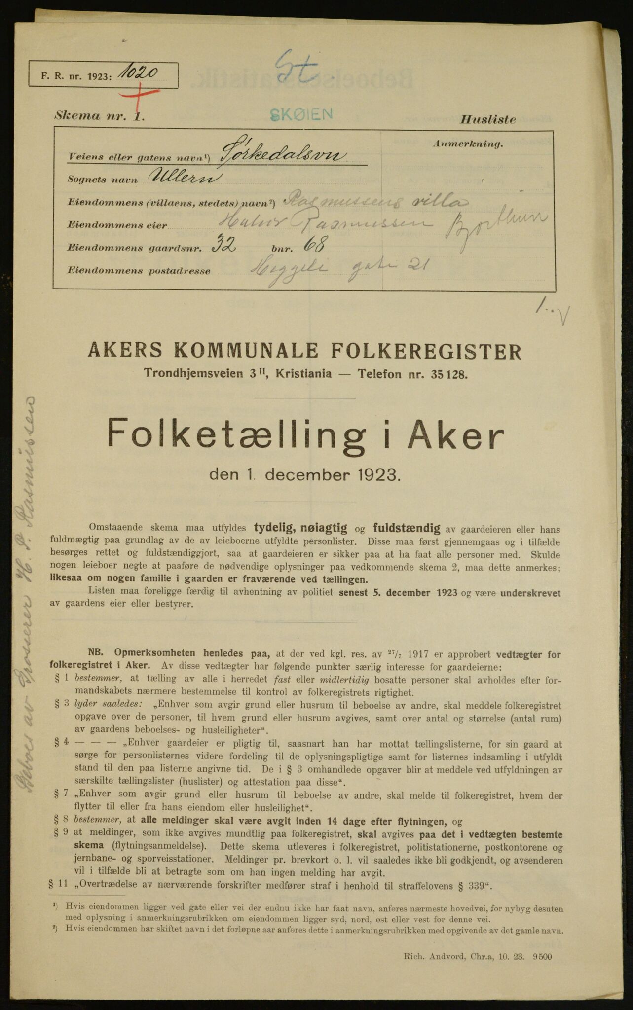 , Municipal Census 1923 for Aker, 1923, p. 6219