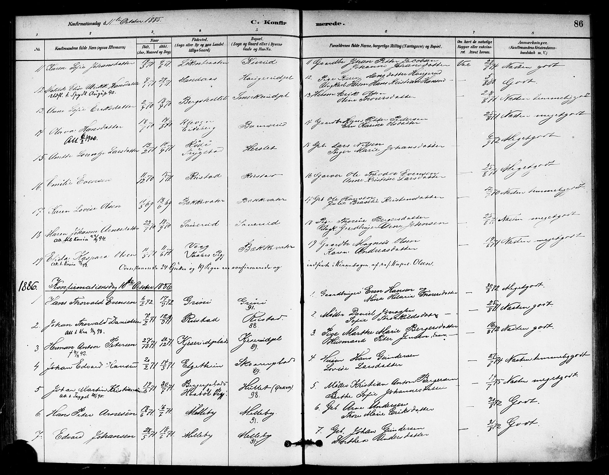 Eidsberg prestekontor Kirkebøker, AV/SAO-A-10905/F/Fb/L0001: Parish register (official) no. II 1, 1879-1900, p. 86