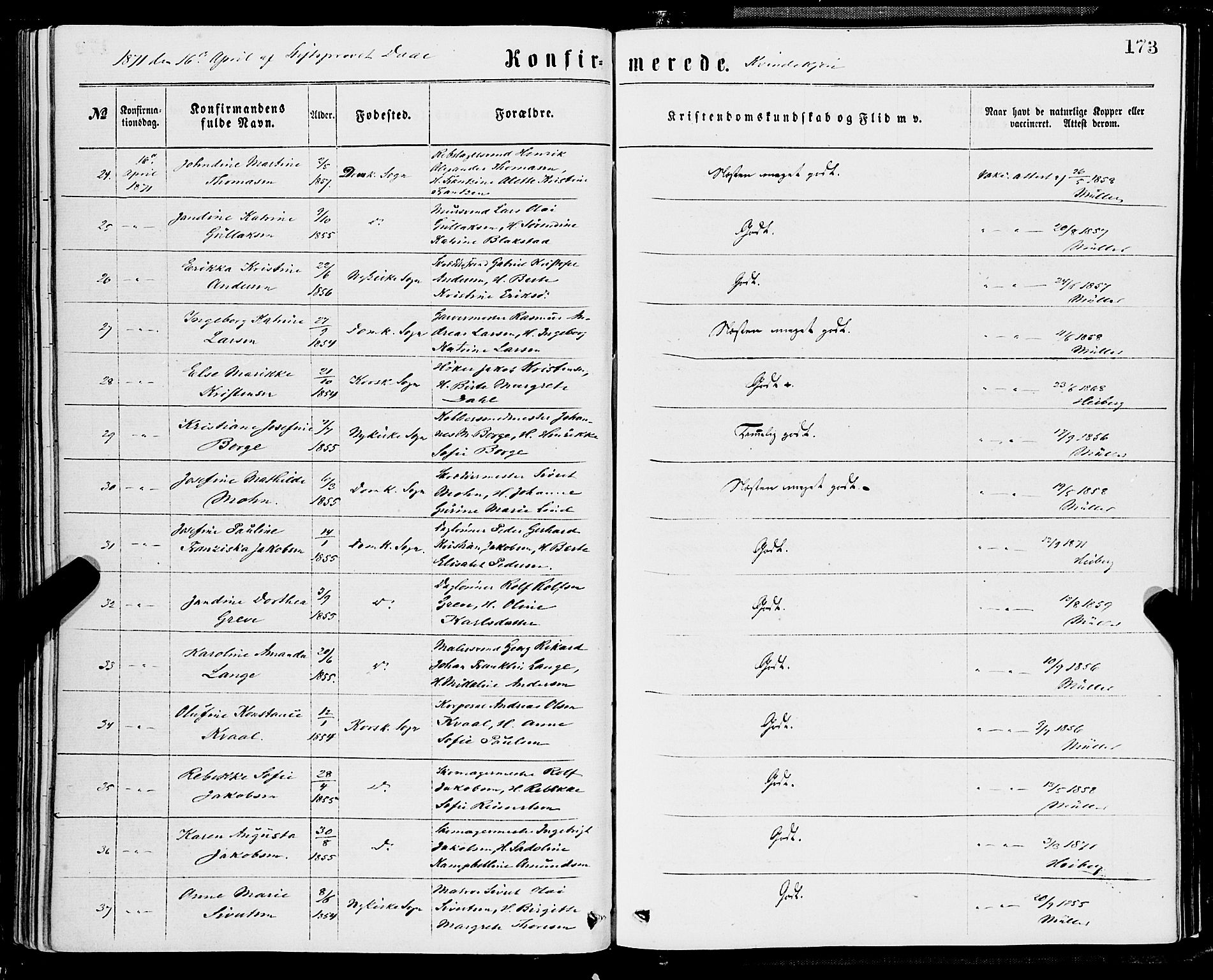 Domkirken sokneprestembete, AV/SAB-A-74801/H/Haa/L0029: Parish register (official) no. C 4, 1864-1879, p. 173