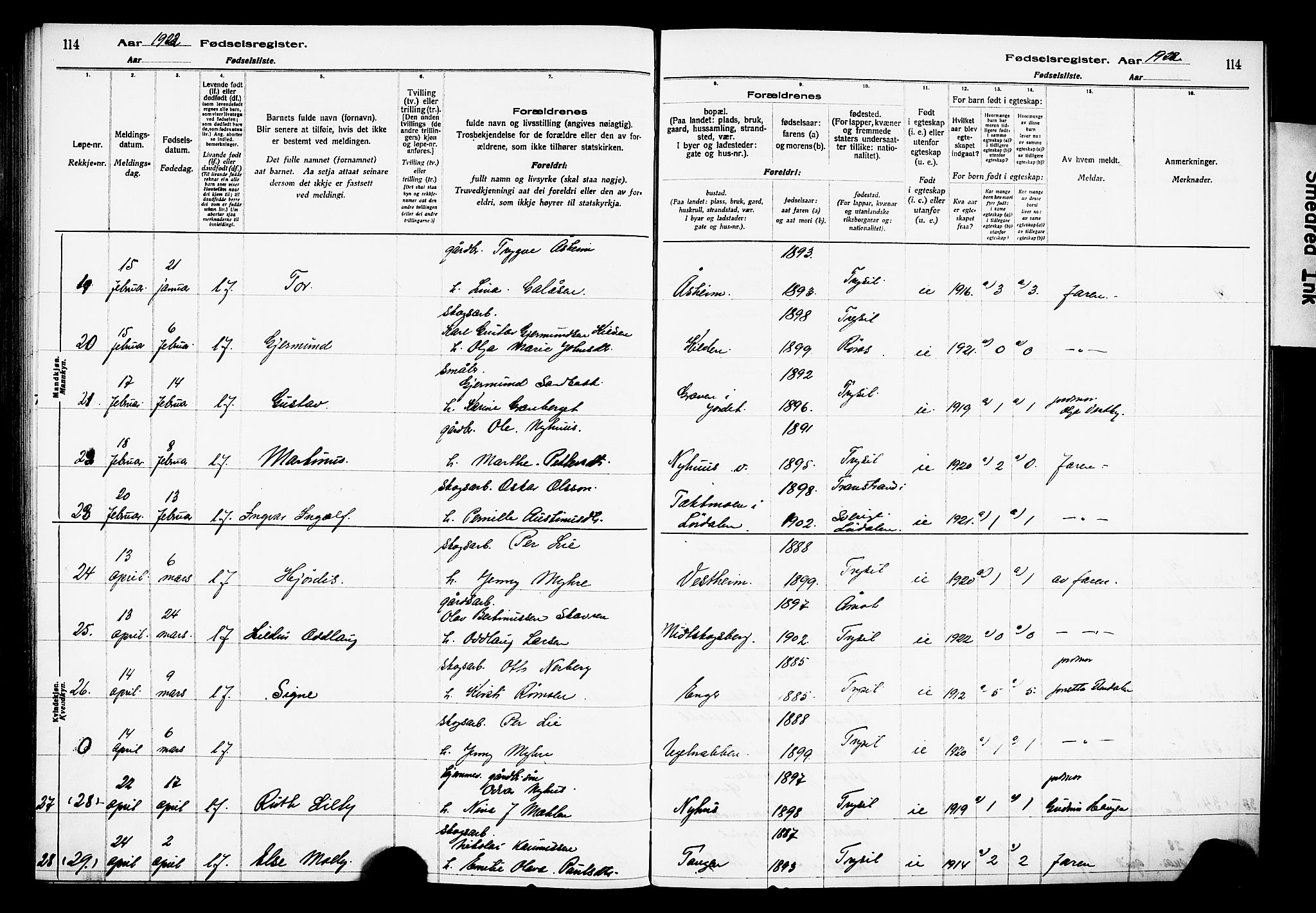 Trysil prestekontor, AV/SAH-PREST-046/I/Id/Ida/L0001: Birth register no. I 1, 1916-1927, p. 114