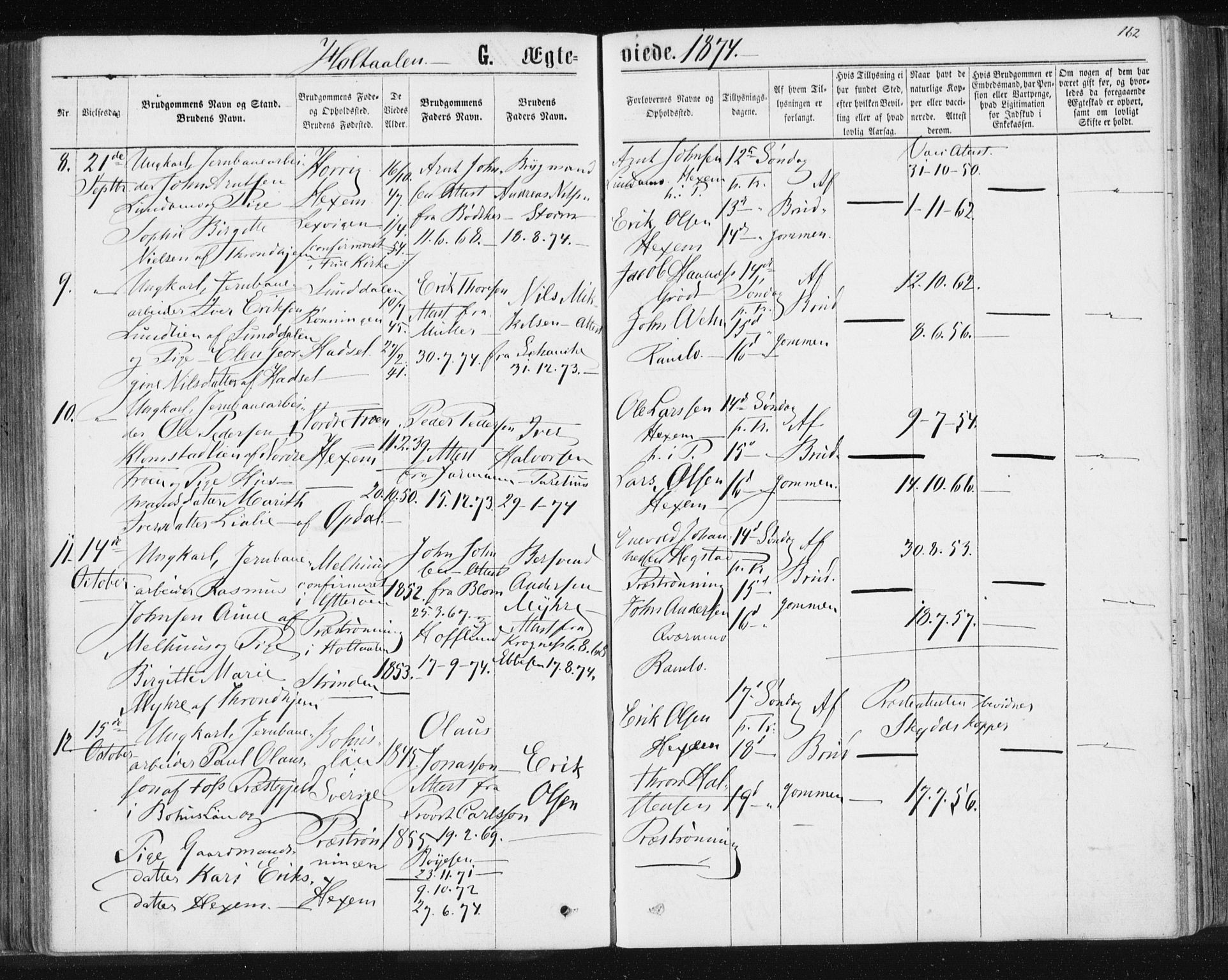 Ministerialprotokoller, klokkerbøker og fødselsregistre - Sør-Trøndelag, SAT/A-1456/685/L0969: Parish register (official) no. 685A08 /1, 1870-1878, p. 162