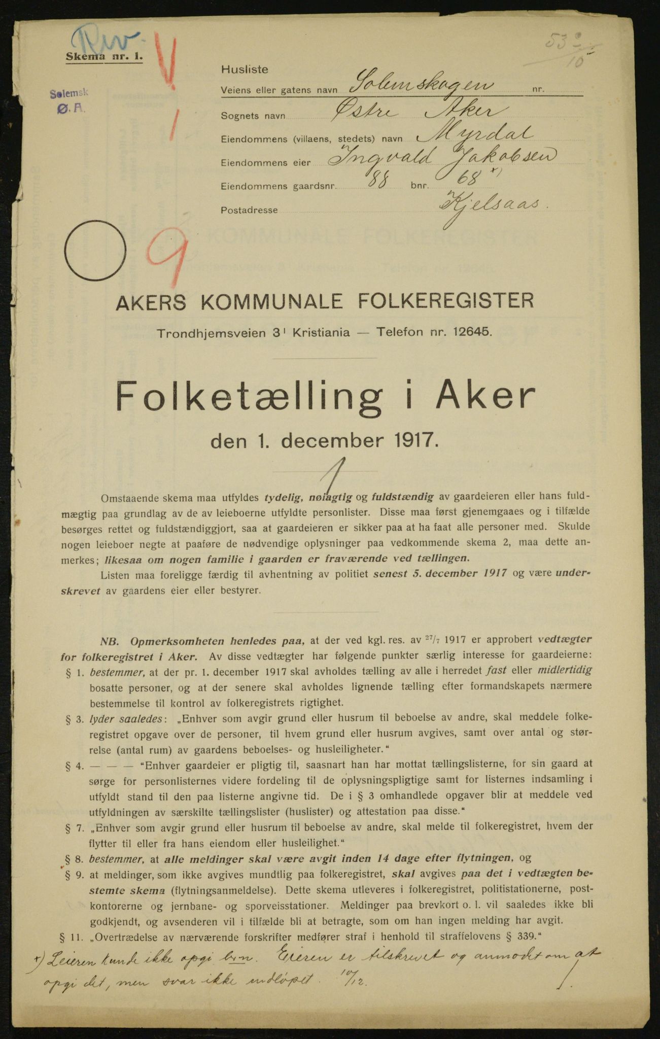 OBA, Municipal Census 1917 for Aker, 1917, p. 14163