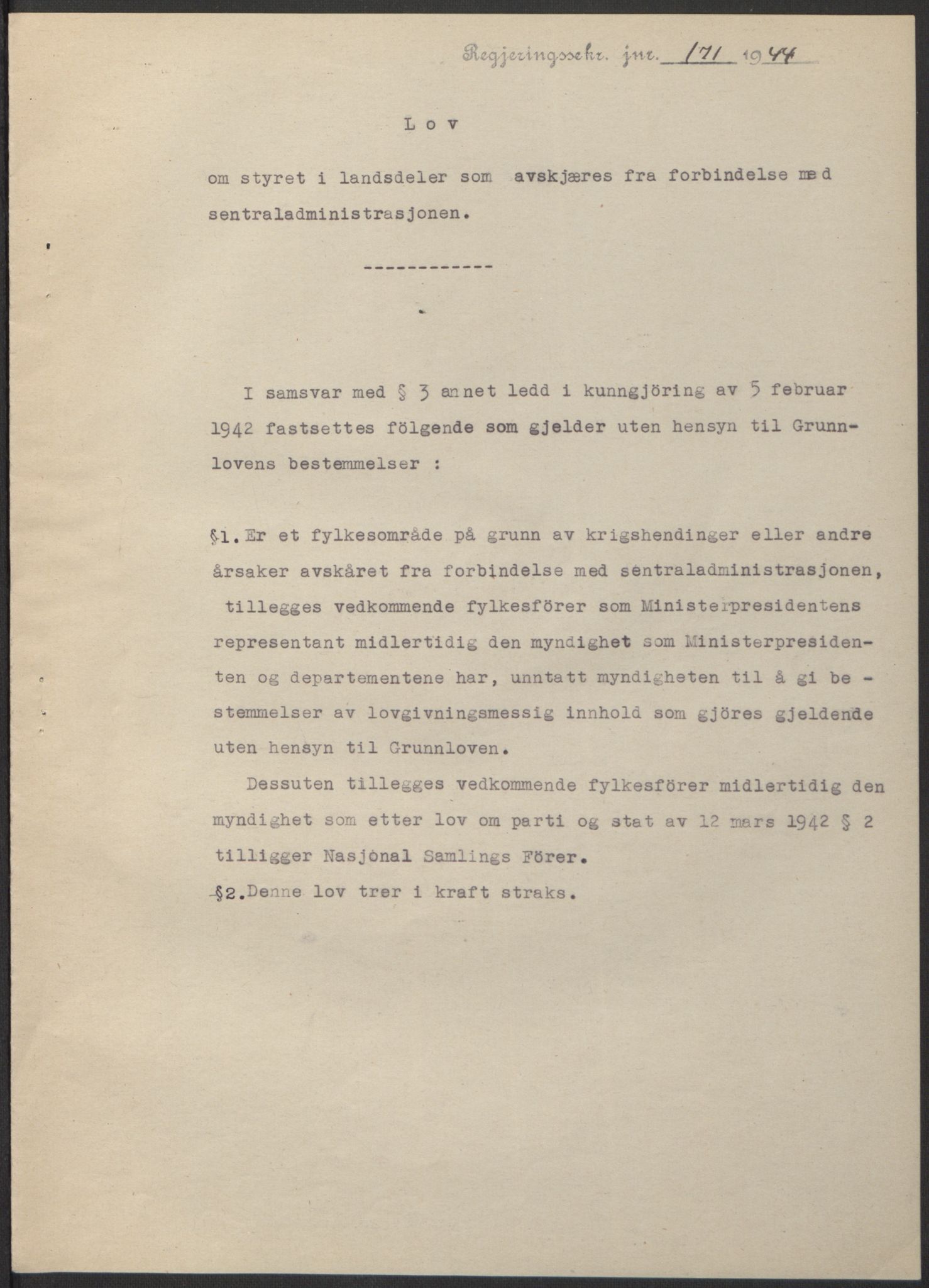 NS-administrasjonen 1940-1945 (Statsrådsekretariatet, de kommisariske statsråder mm), AV/RA-S-4279/D/Db/L0100: Lover, 1944, p. 278