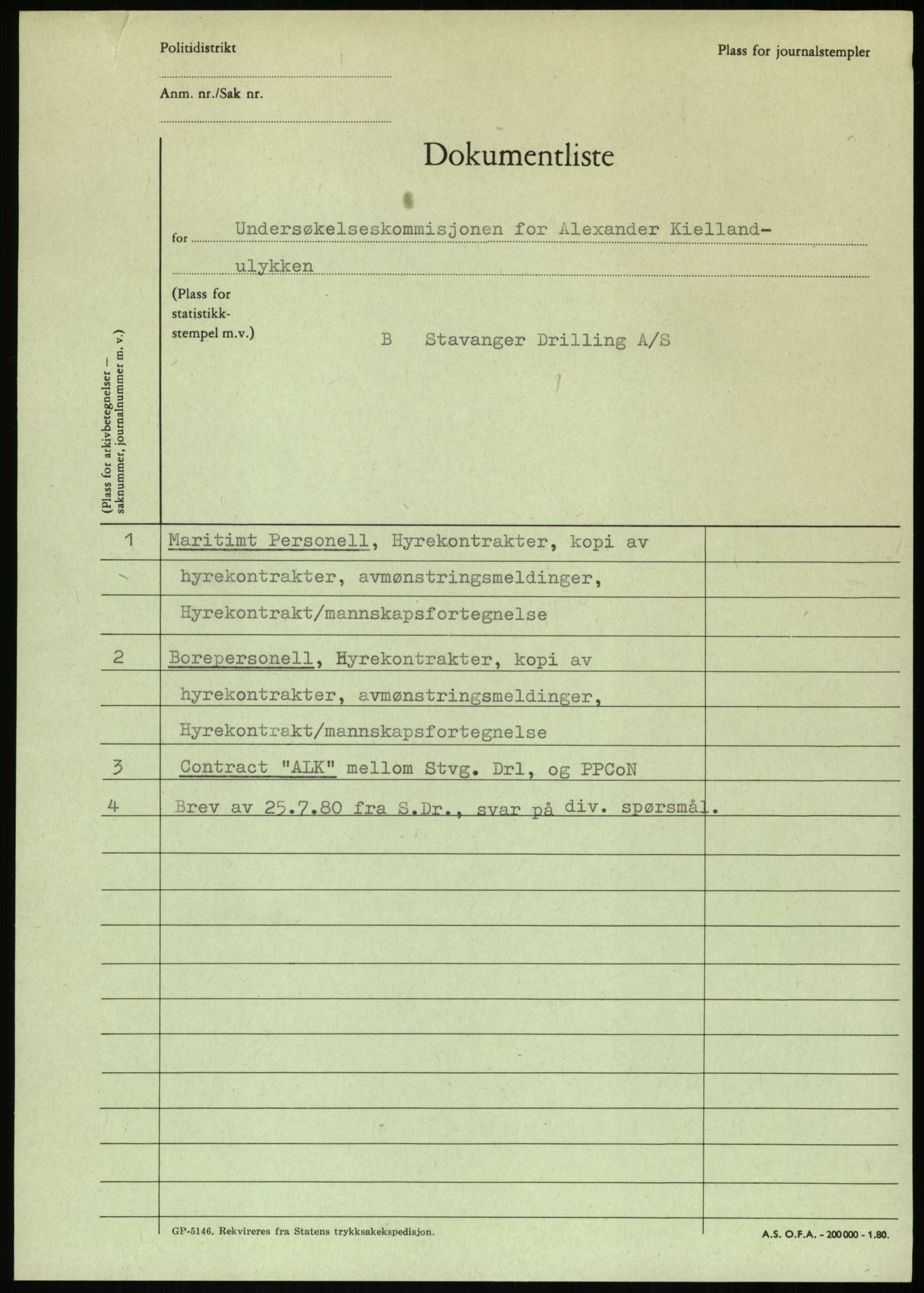 Justisdepartementet, Granskningskommisjonen ved Alexander Kielland-ulykken 27.3.1980, RA/S-1165/D/L0007: B Stavanger Drilling A/S (Doku.liste + B1-B3 av av 4)/C Phillips Petroleum Company Norway (Doku.liste + C1-C12 av 12)/D Forex Neptune (Doku.liste + D1-D8 av 9), 1980-1981, p. 5