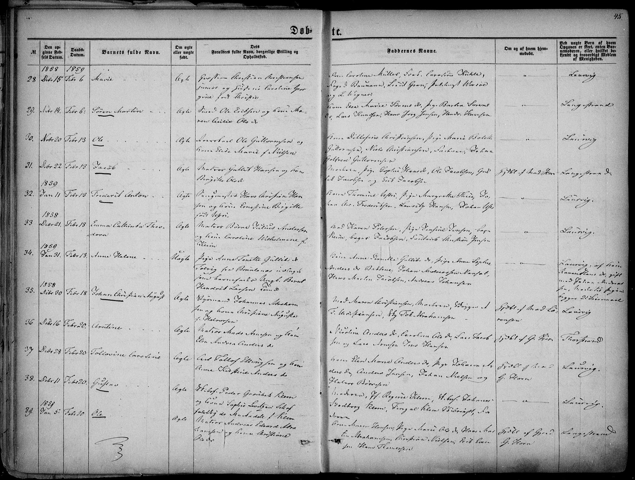 Larvik kirkebøker, AV/SAKO-A-352/F/Fa/L0004: Parish register (official) no. I 4, 1856-1870, p. 45