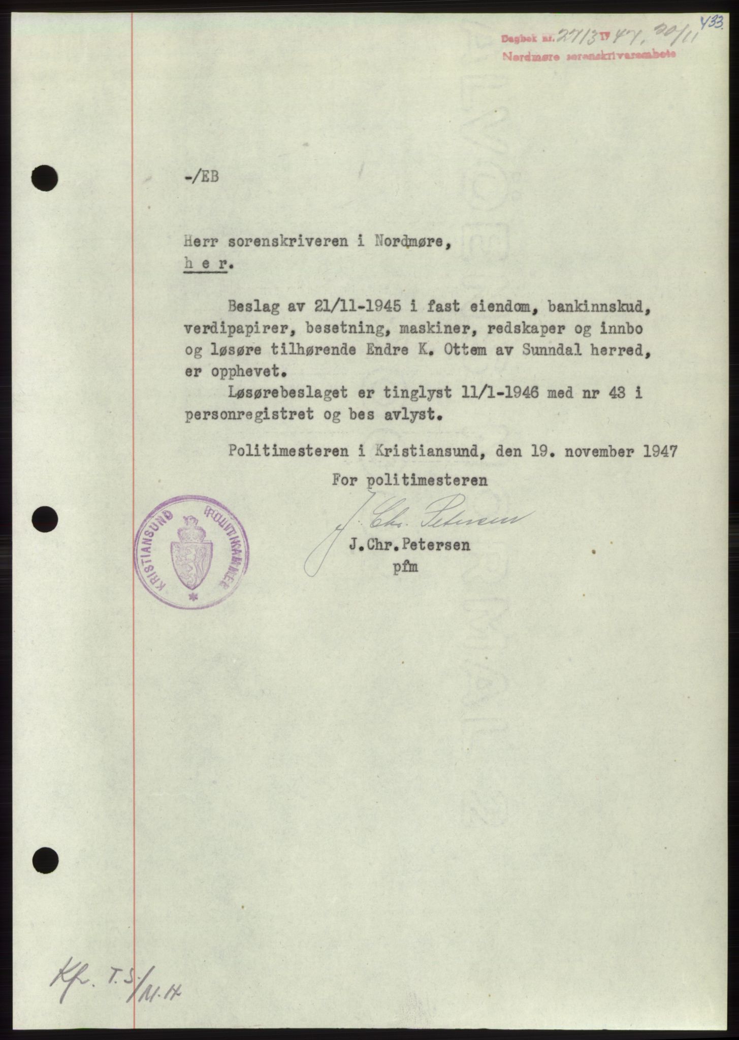 Nordmøre sorenskriveri, AV/SAT-A-4132/1/2/2Ca: Mortgage book no. B97, 1947-1948, Diary no: : 2713/1947