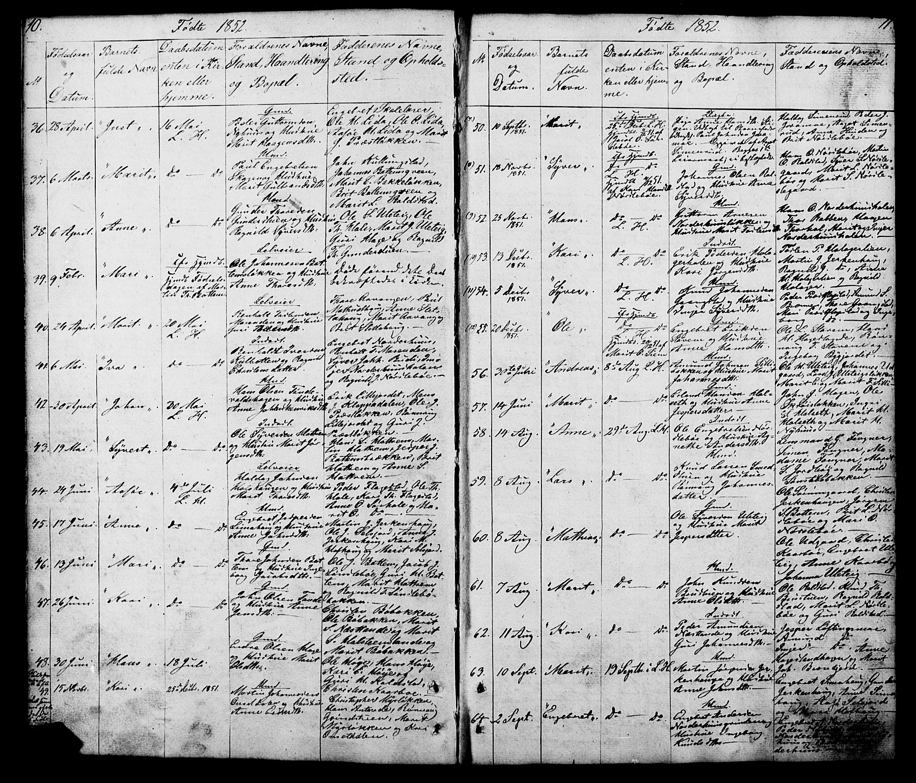 Lesja prestekontor, SAH/PREST-068/H/Ha/Hab/L0005: Parish register (copy) no. 5, 1850-1894, p. 10-11