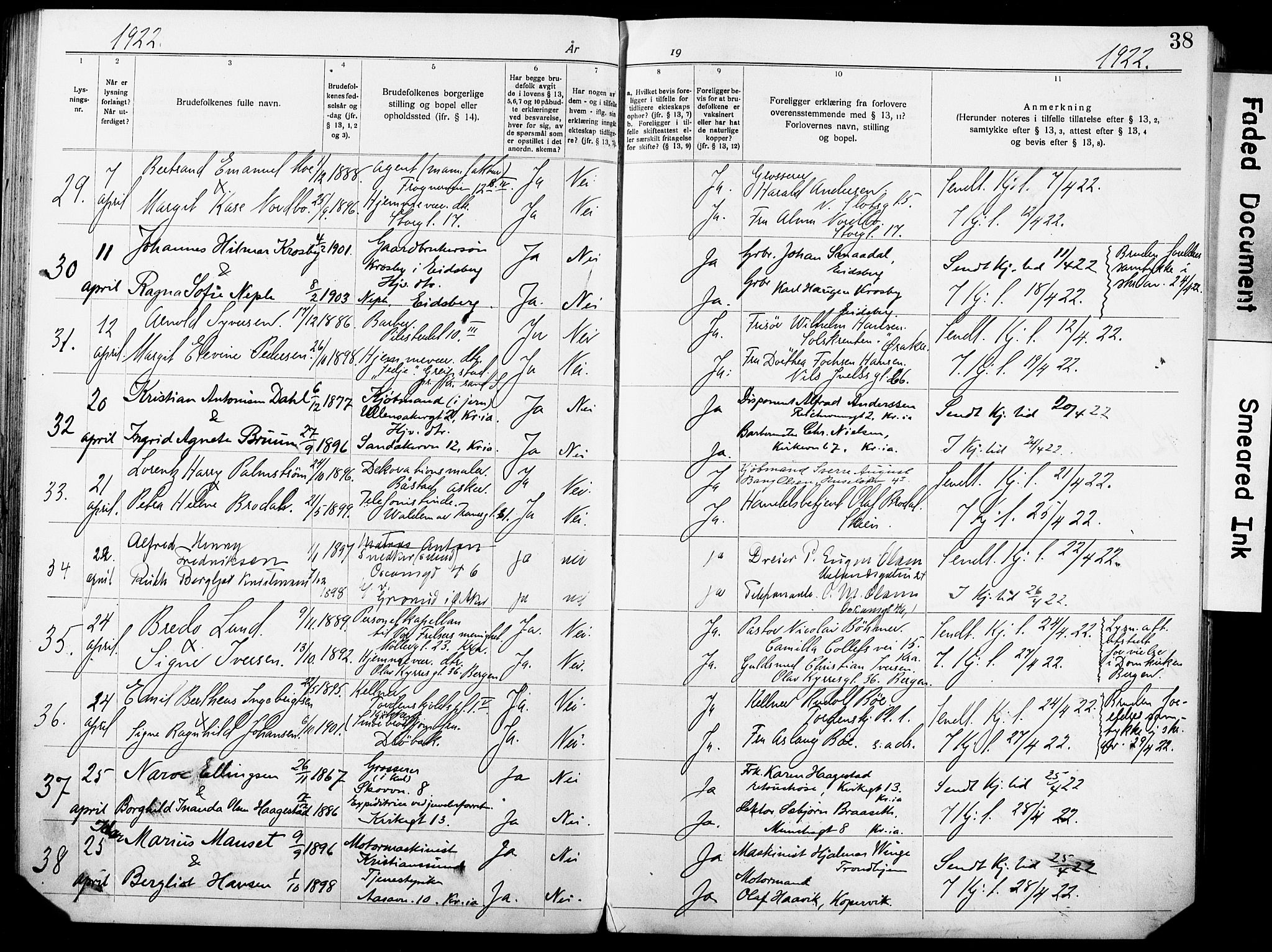 Oslo domkirke Kirkebøker, AV/SAO-A-10752/H/Ha/L0006: Banns register no. 6, 1919-1928, p. 38